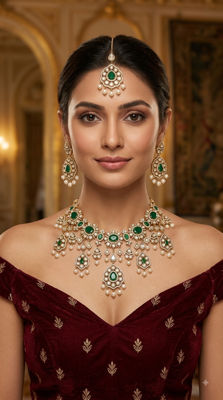 Ruby Green Moissanite Kundan Necklace Jewellery Nany Set