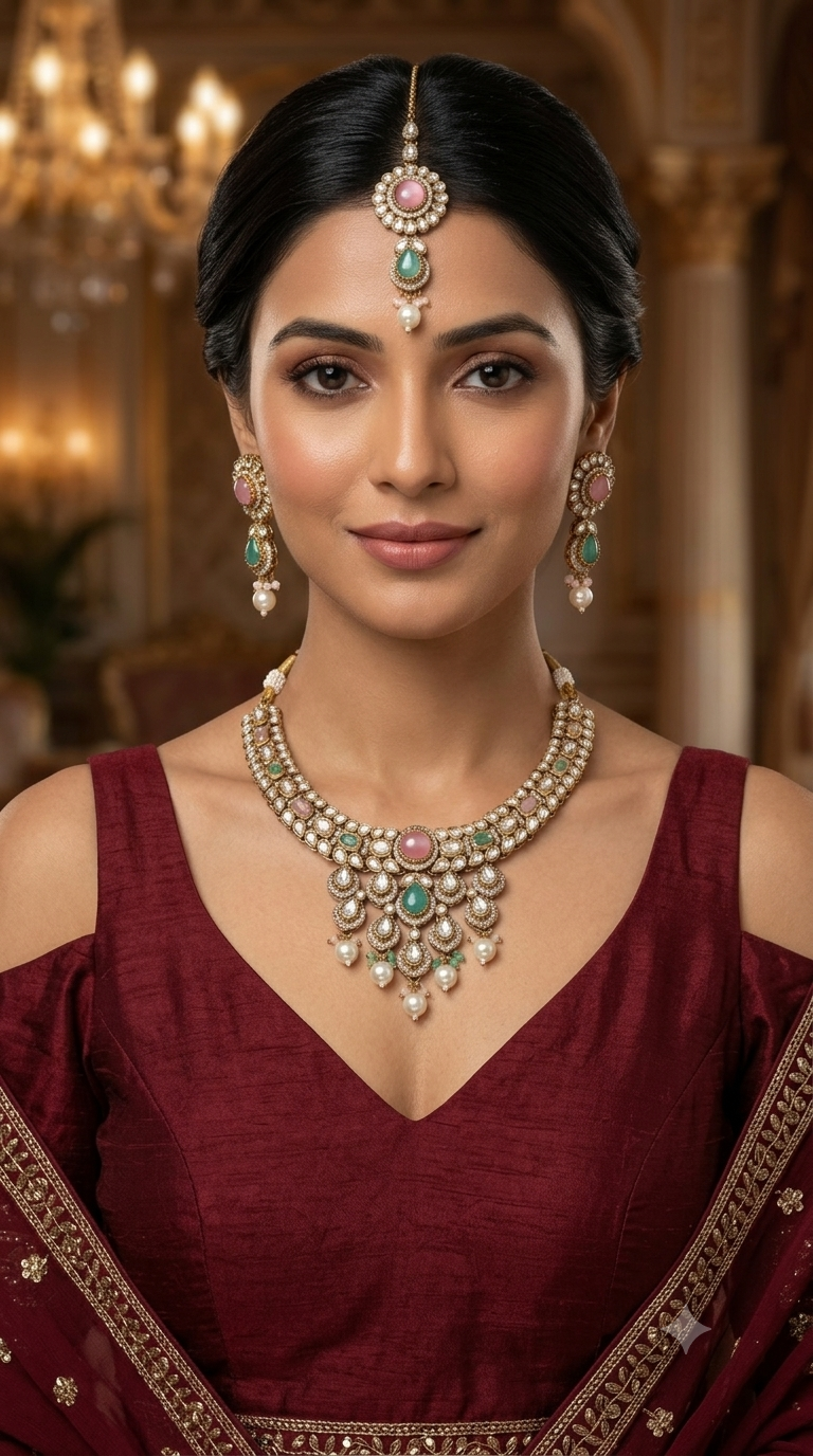 Green Moissanite Kundan Necklace Jewellery Danish Set