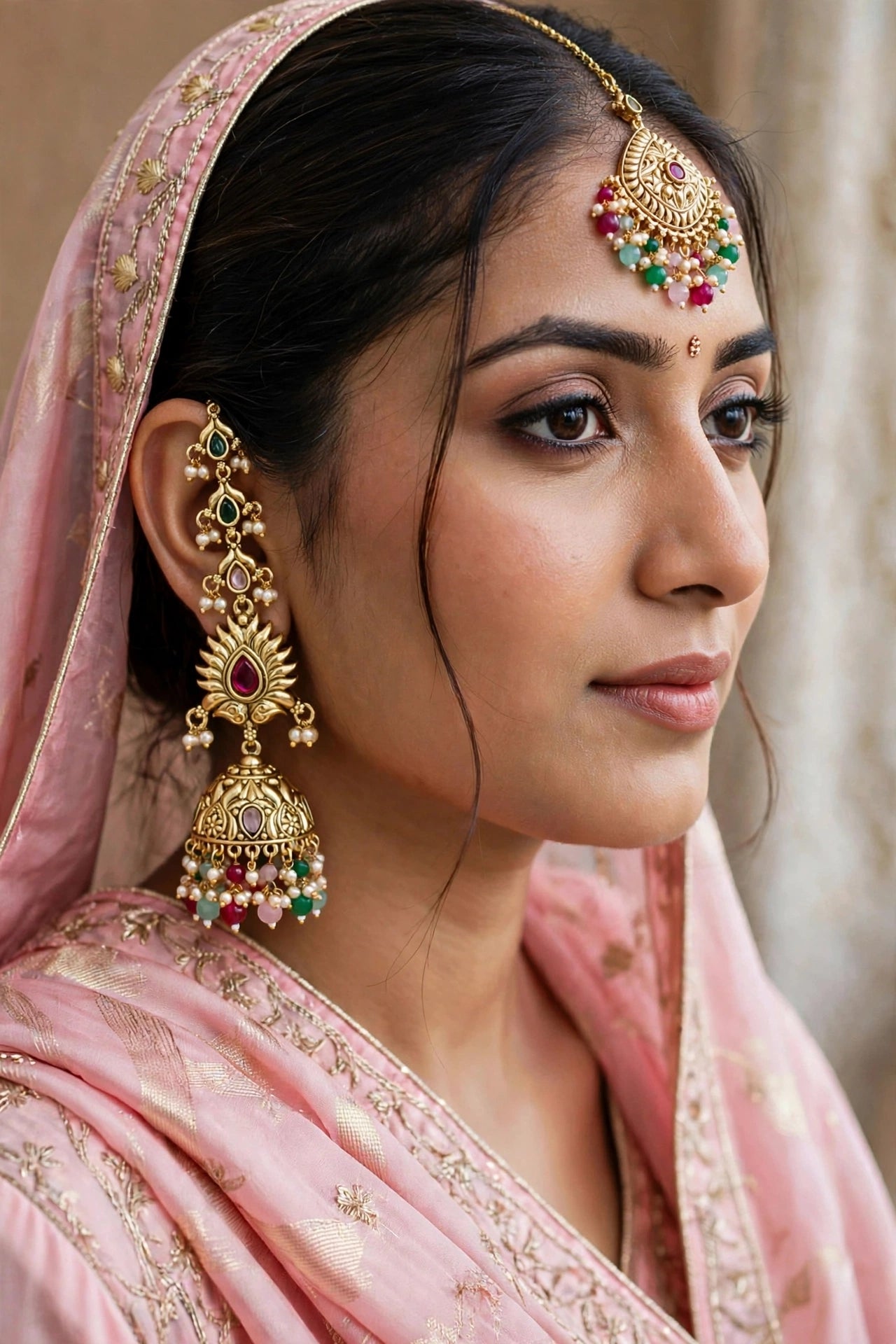 Gold White Polki Style Earrings and Tikka set