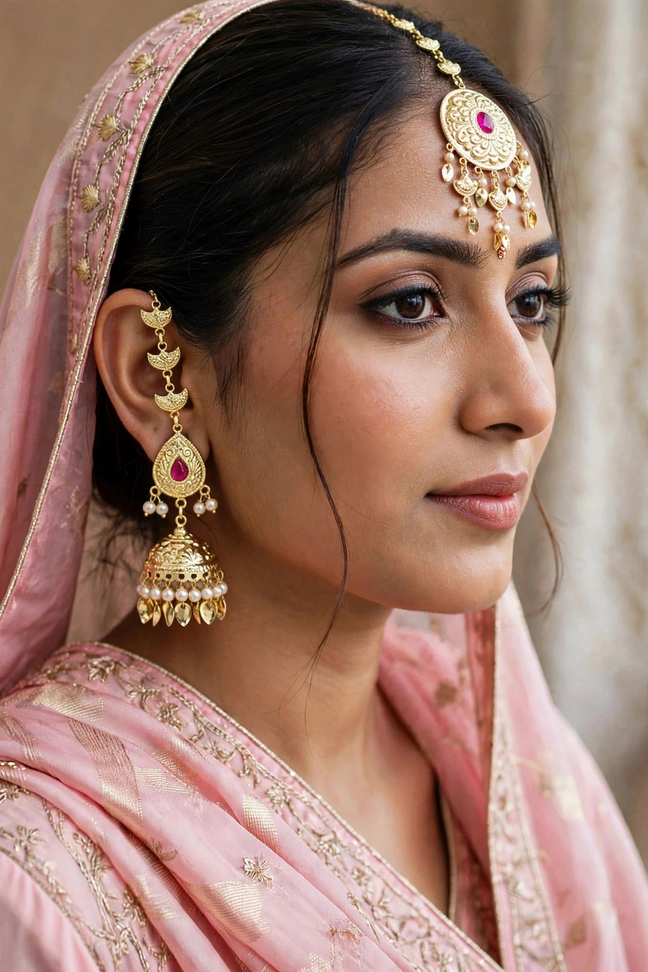 Gold Ruby Punjabi Style Earrings and Tikka set