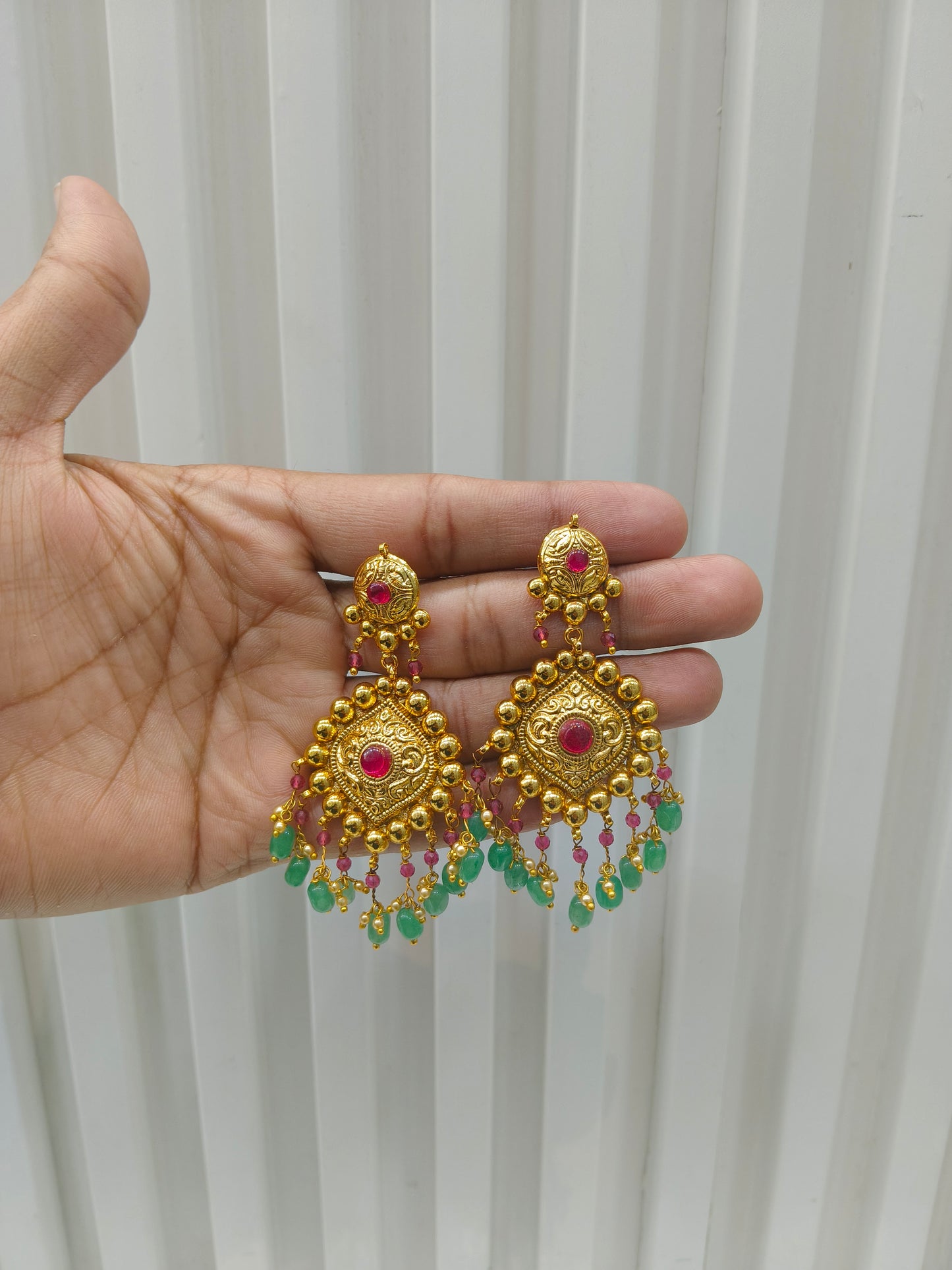 Ruby Sega Green Gold Polki Punjabi Style Sukhmani Earrings