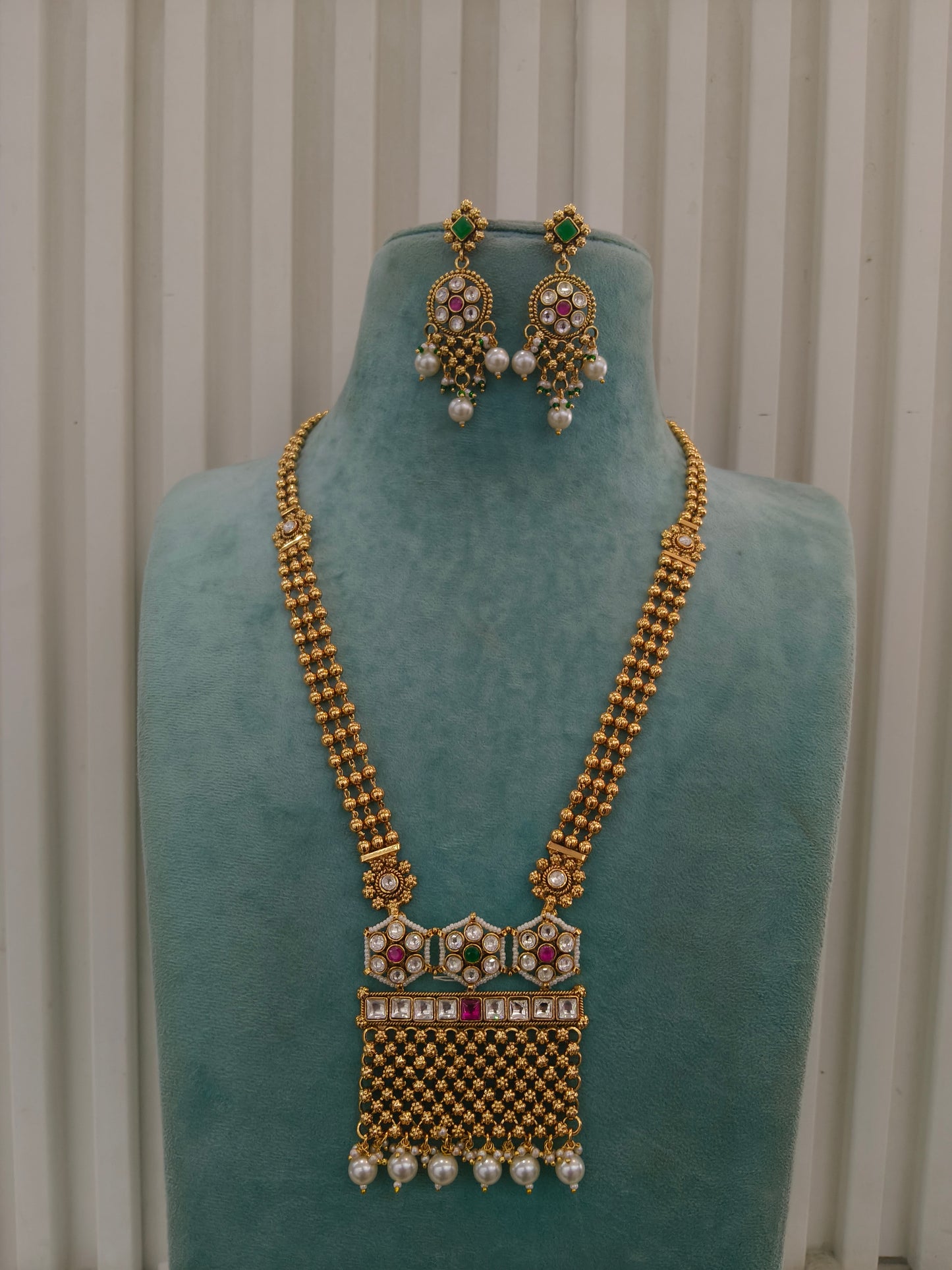 Gold Polki Ruby Green Long Rani Haar Necklace Indian Anaya Jewellery Set