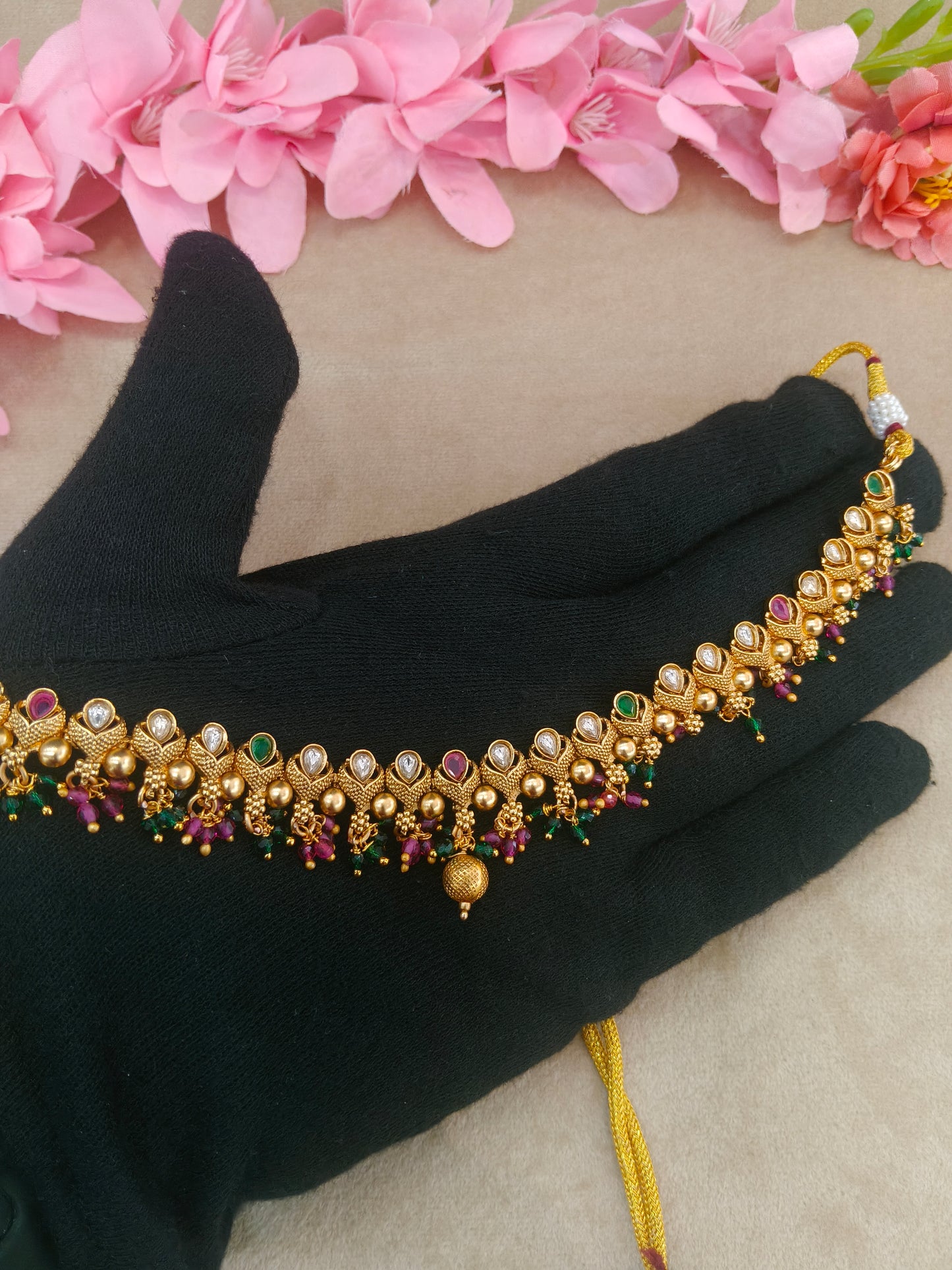 Gold Polki Ruby Green Necklace Jewellery Roma Set