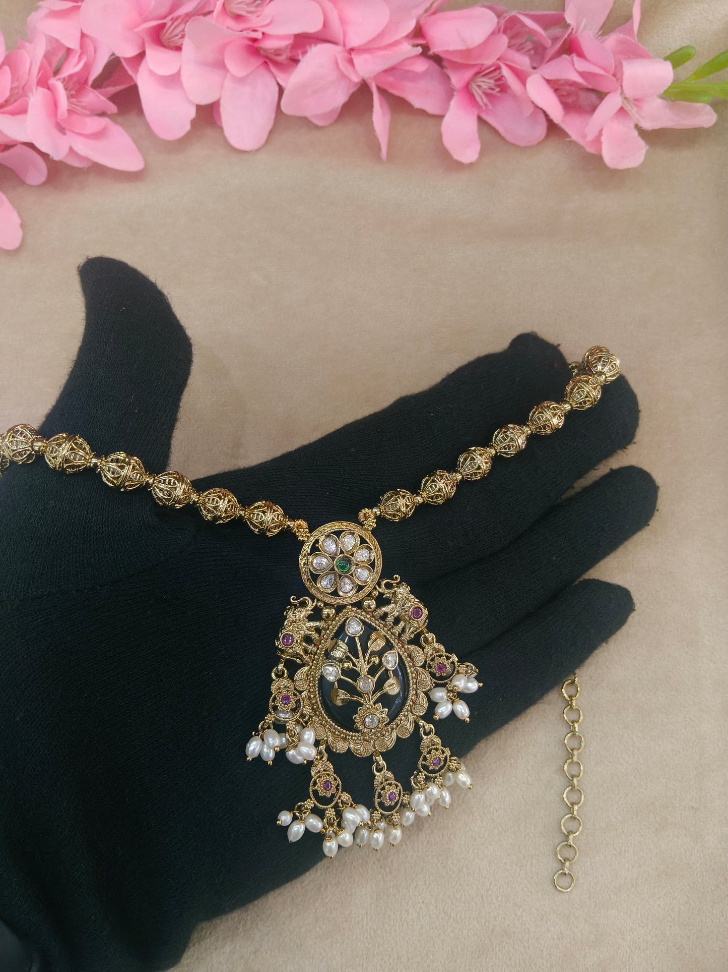 Antique Gold Ruby Green Long Necklace Indian Jewellery Rutvi Set