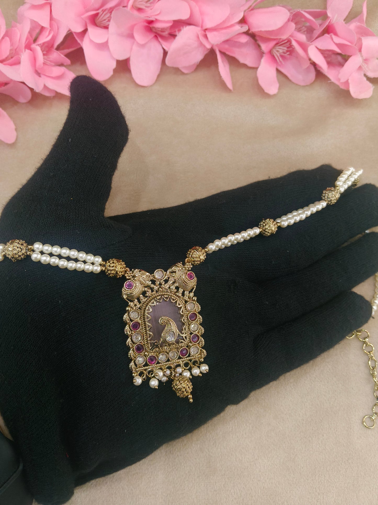Antique Gold Runy Ruby Long Necklace Indian Jewellery Rutvi Set