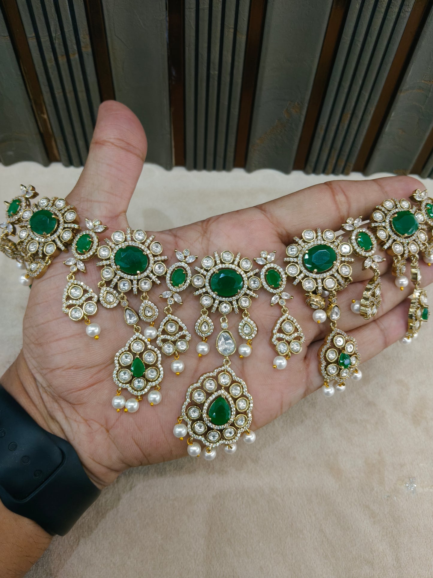 Green Moissanite Kundan Necklace Jewellery Nany Set