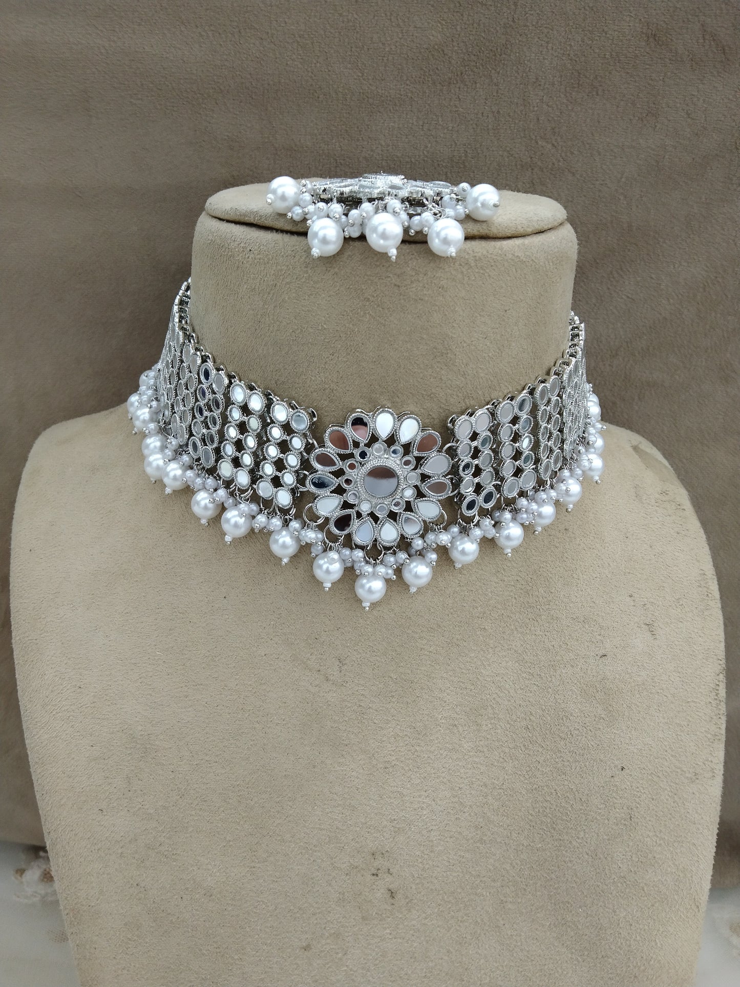 Indian Mirror Jewellery/ Silver Kundan choker Akon Set/Bridal Bollywood Jewellery Set/Women Kundan Set