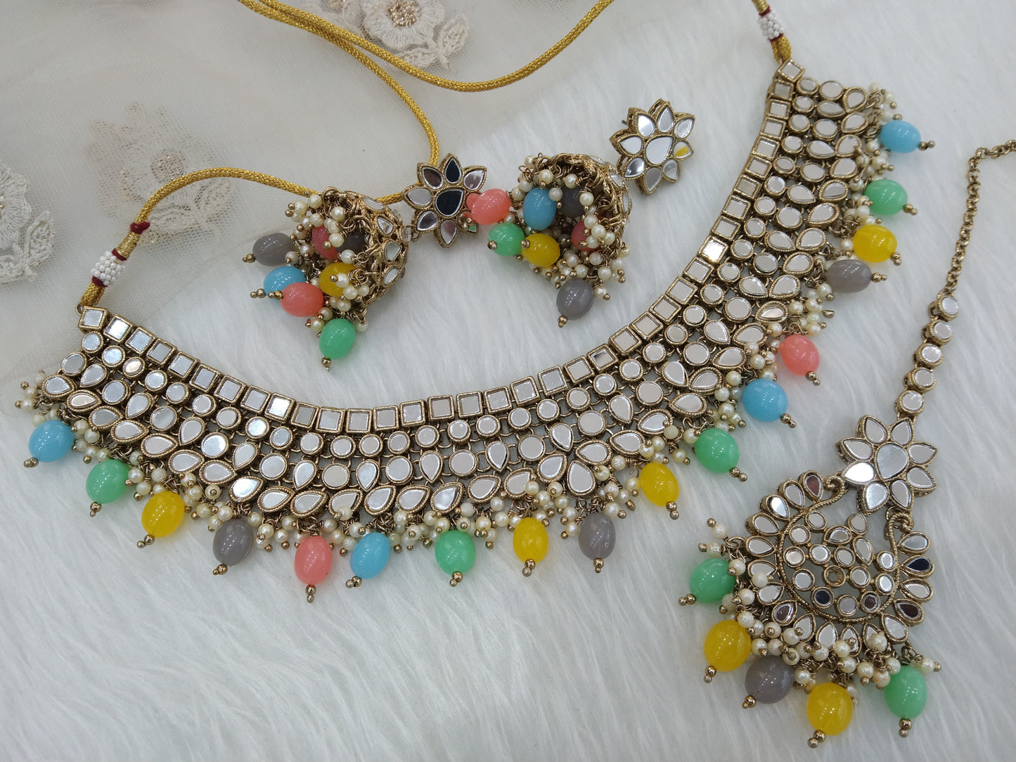 Indian Jewellery multicolor mirror Kundan necklace set Bridal Wedding choker Set/ Gold Choker boost set