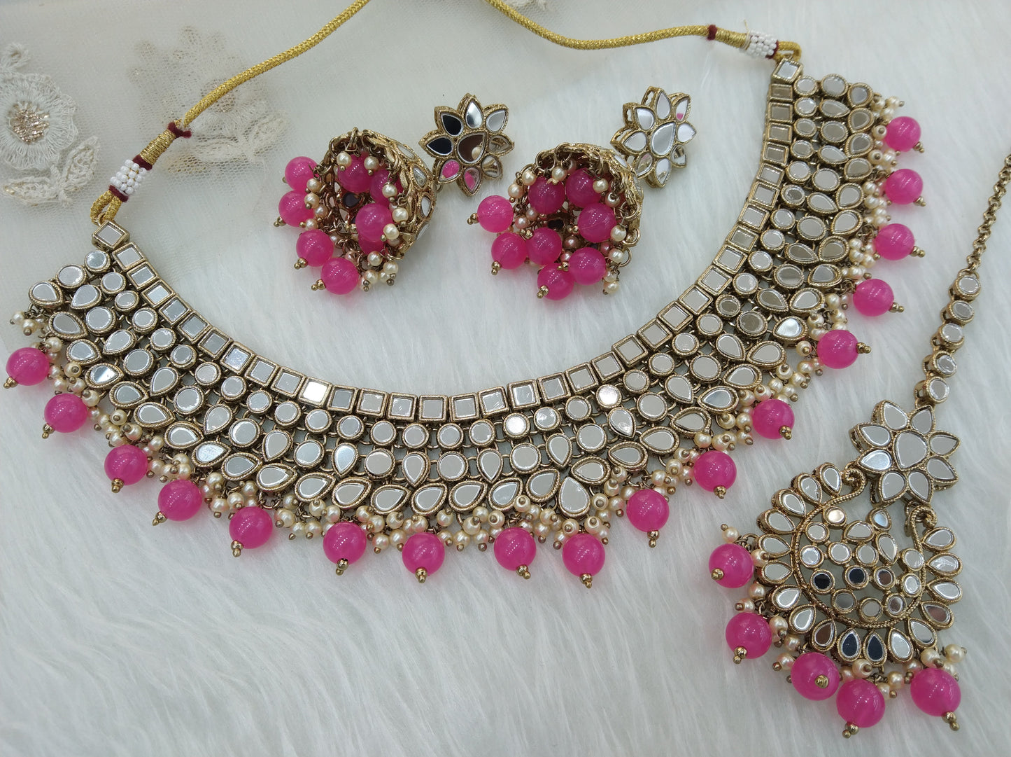 Indian Jewellery Rani dark pink mirror Kundan necklace set Bridal Wedding choker Set/ Gold Choker boost set