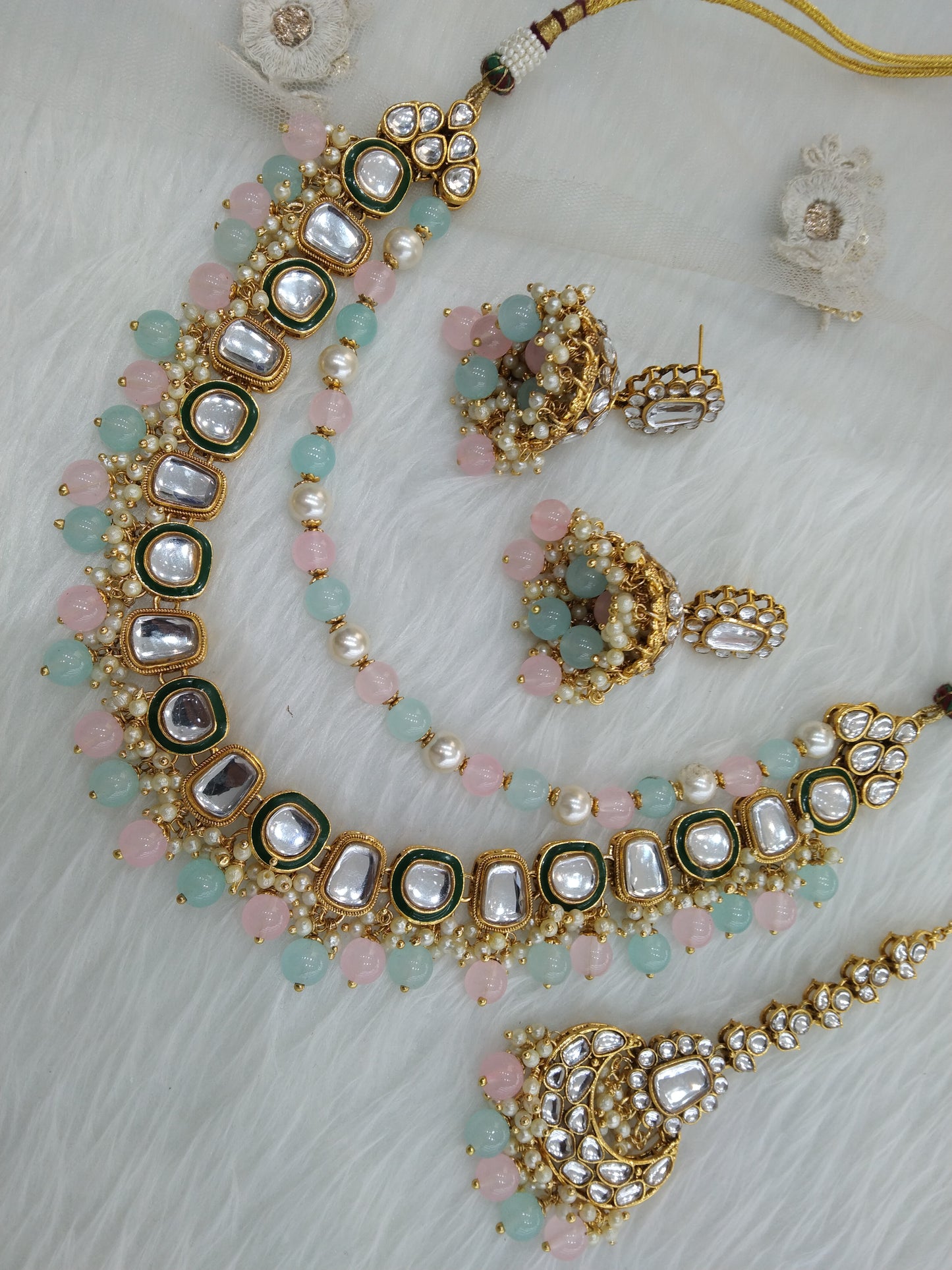 Indian Jewellery/ Gold Bridal sea green pink Kundan layered necklace Set Indian Wedding Semi Bridal Jewellery fontana Necklace