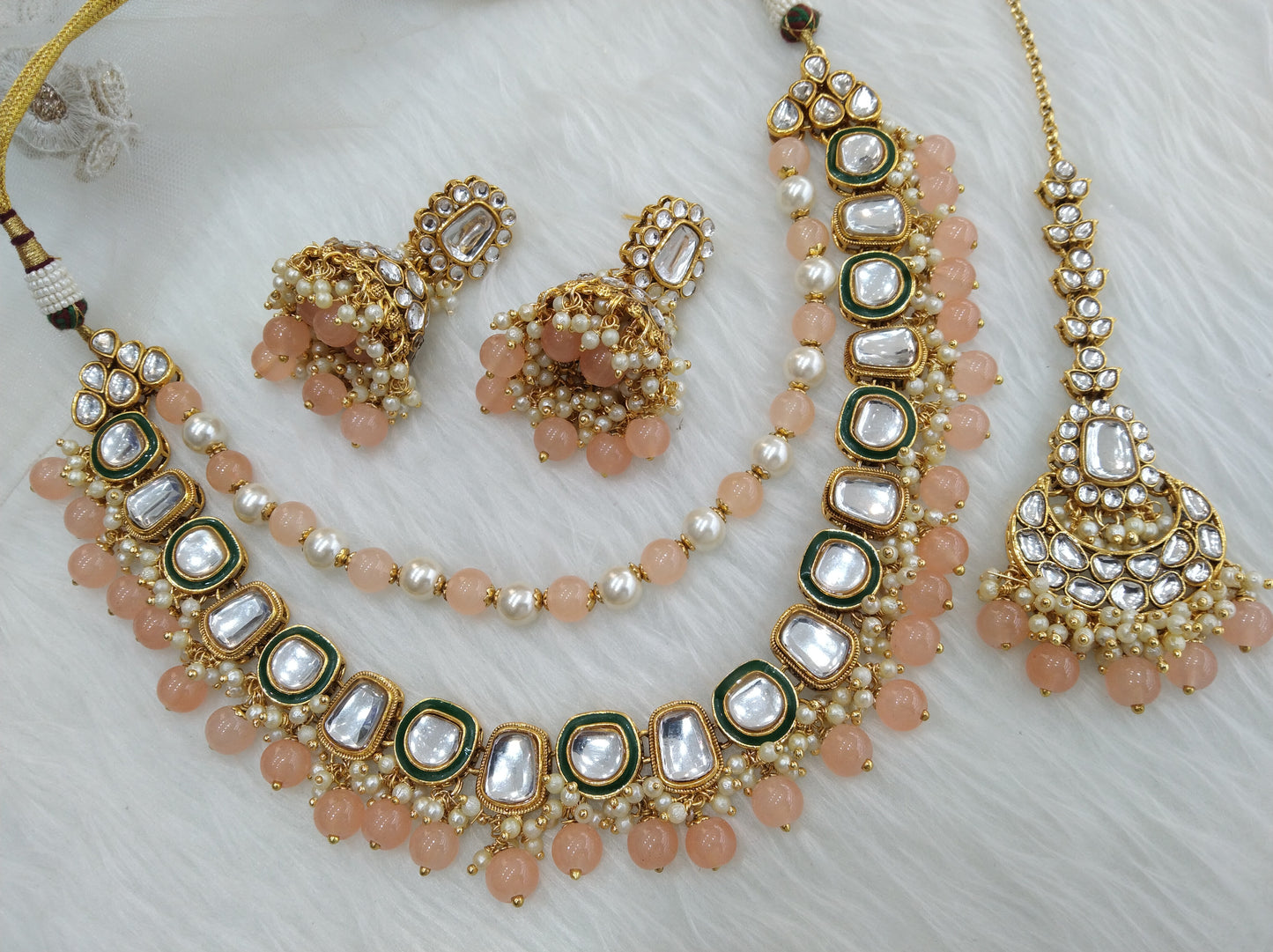 Indian Jewellery/ Gold Bridal Peach Kundan layered necklace Set Indian fontana Nec klace