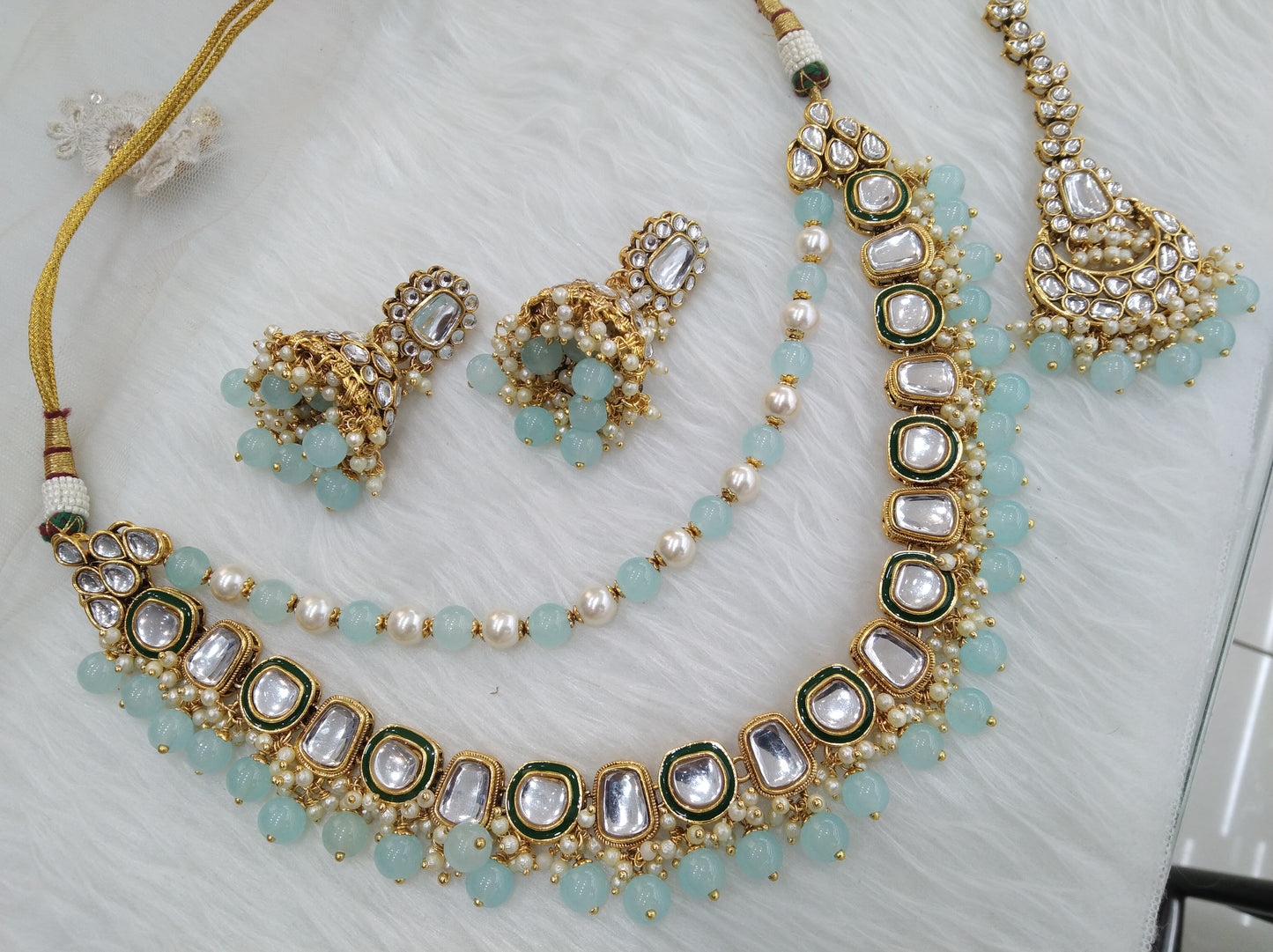 Indian Jewellery/ Gold Bridal sea green Kundan layered necklace Set Indian fontana Necklace