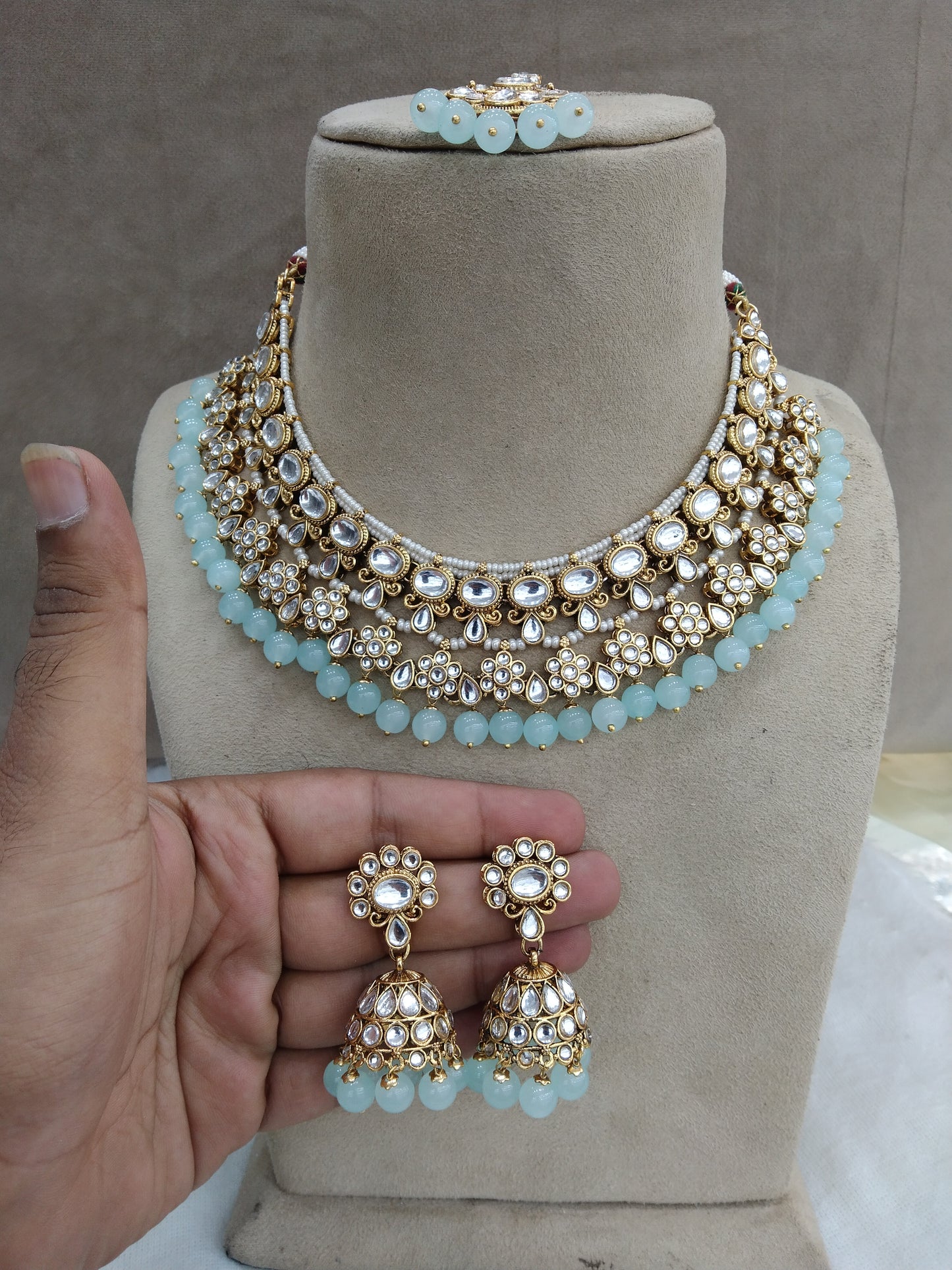 Gold seagreen Bridal Kundan necklace Set Ethnic Jewellery gives Necklace