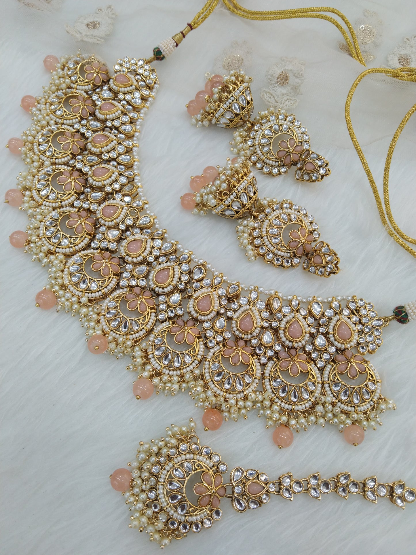 Indian Jewellery/ Gold Bridal Kundan necklace Set Indian gold peach Bridal Jewellery Harris Necklace
