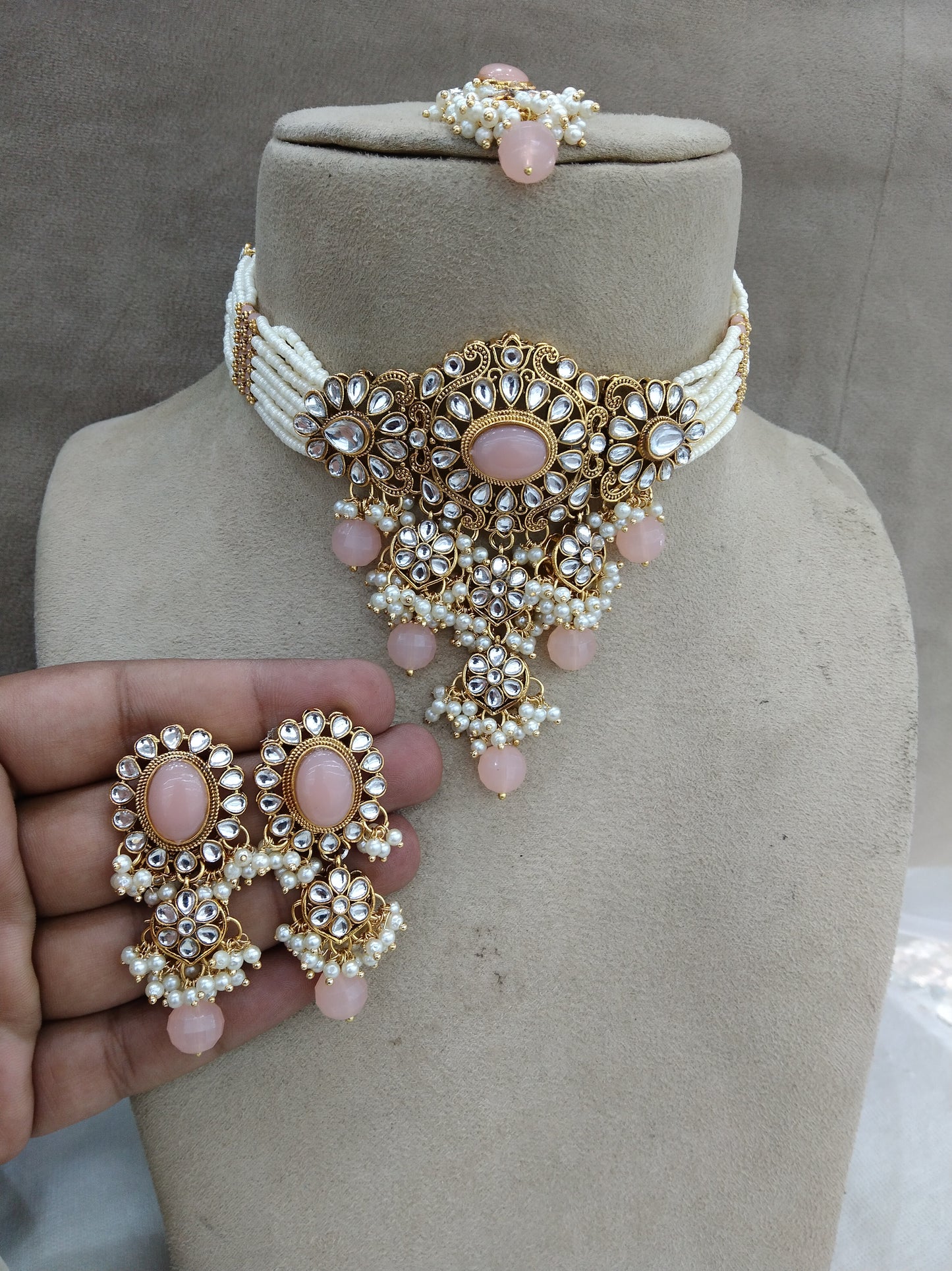 kundan Choker Set Earrings Set/ peach choker set /Indian heena Choker Set