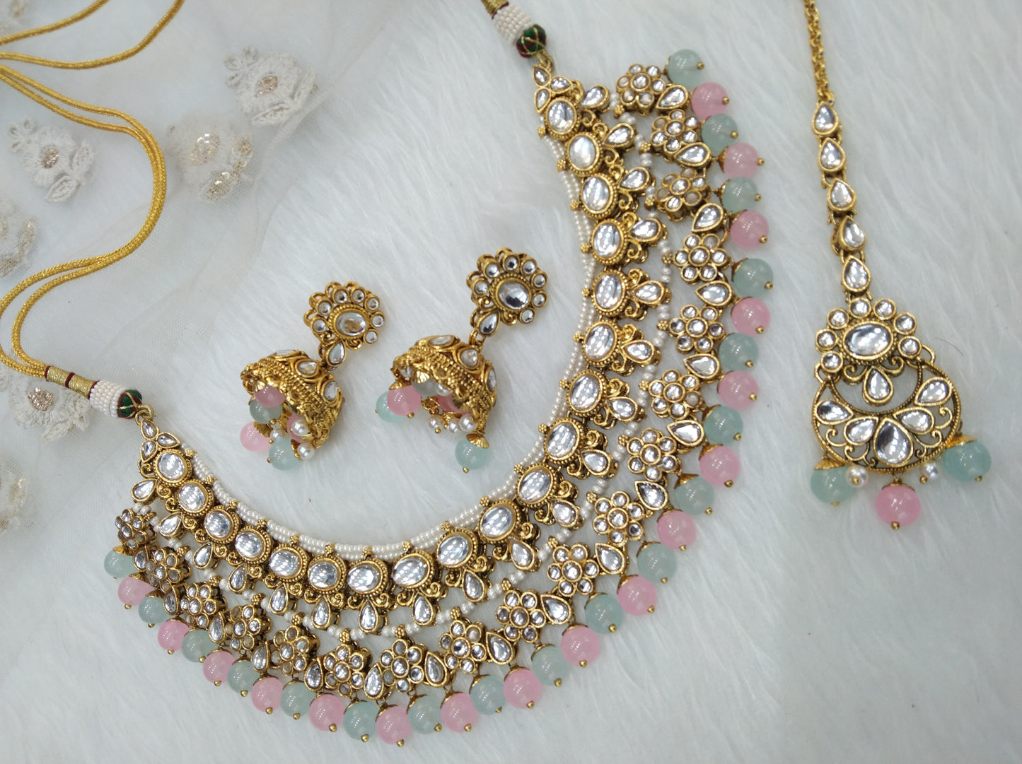 Gold Sea green pink Bridal Kundan necklace Set Ethnic Jewellery gives Necklace