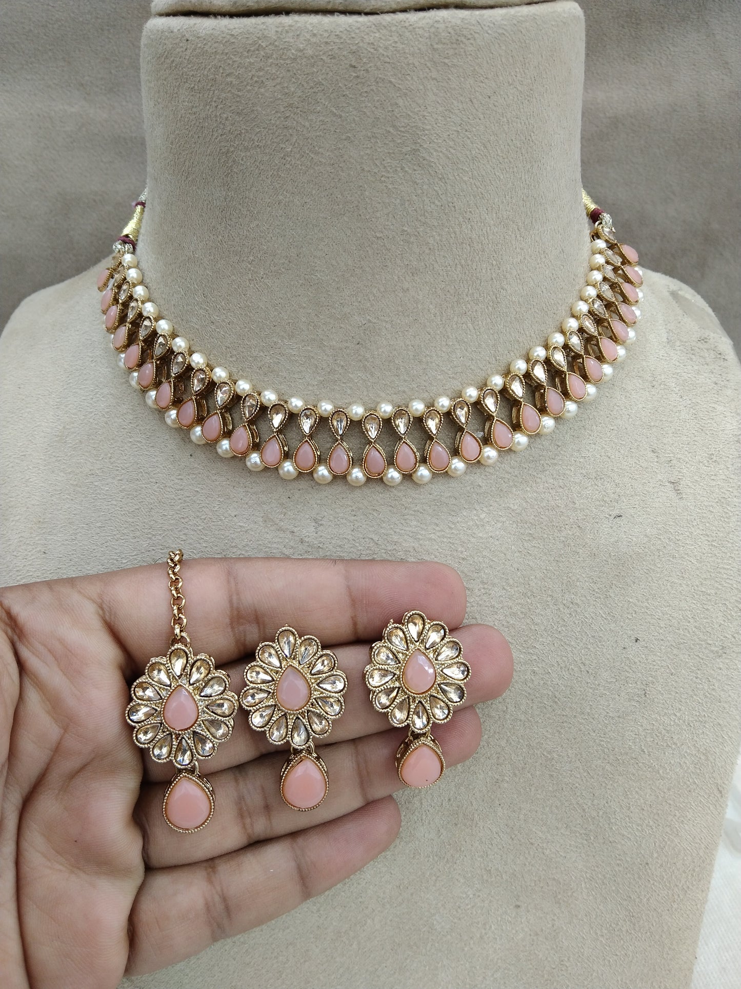 Indian Kundan Necklace Jewellery Set/Bollywood Peach Jewellery Set