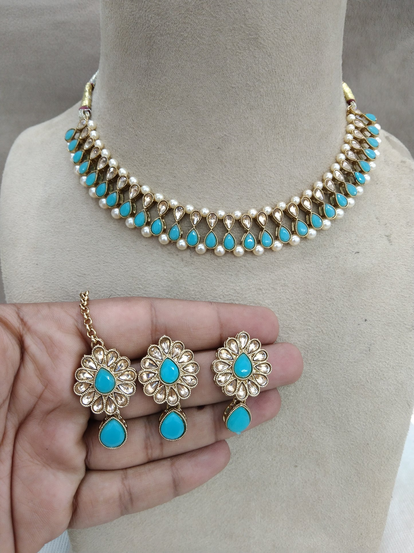 Indian Kundan Necklace Jewelry Jewellery Set/Sky blue Bollywood Jewelry Set