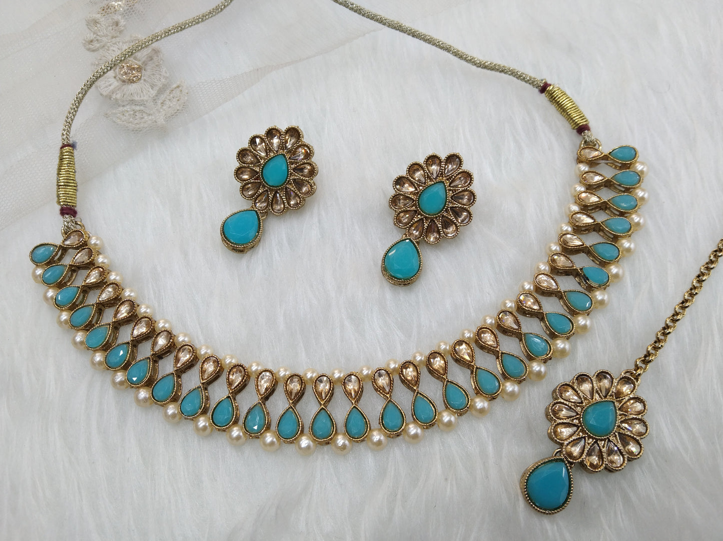 Indian Kundan Necklace Jewelry Jewellery Set/Sky blue Bollywood Jewelry Set