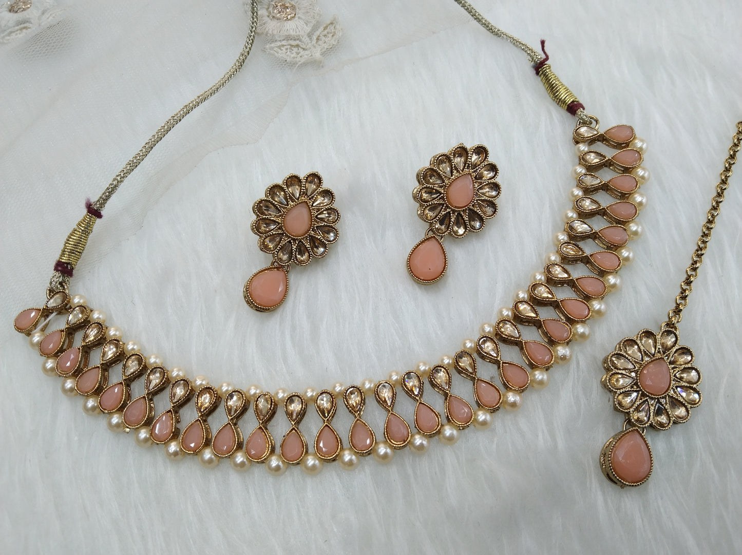 Indian Kundan Necklace Jewellery Set/Bollywood Peach Jewellery Set