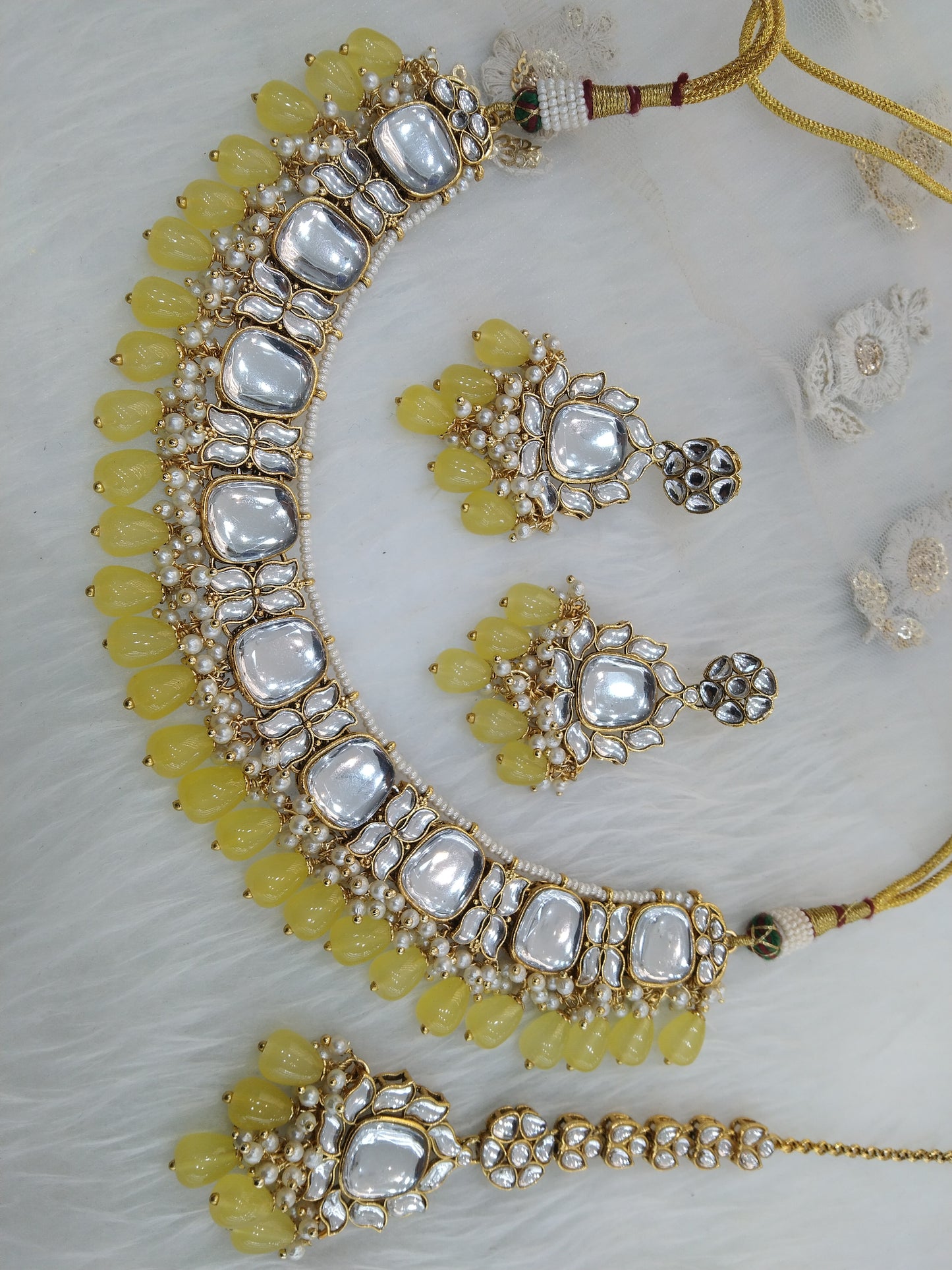 Indian Jewellery/ Gold Semi Bridal Kundan necklace Set Indian yellow jones Wedding Jewellery Necklace