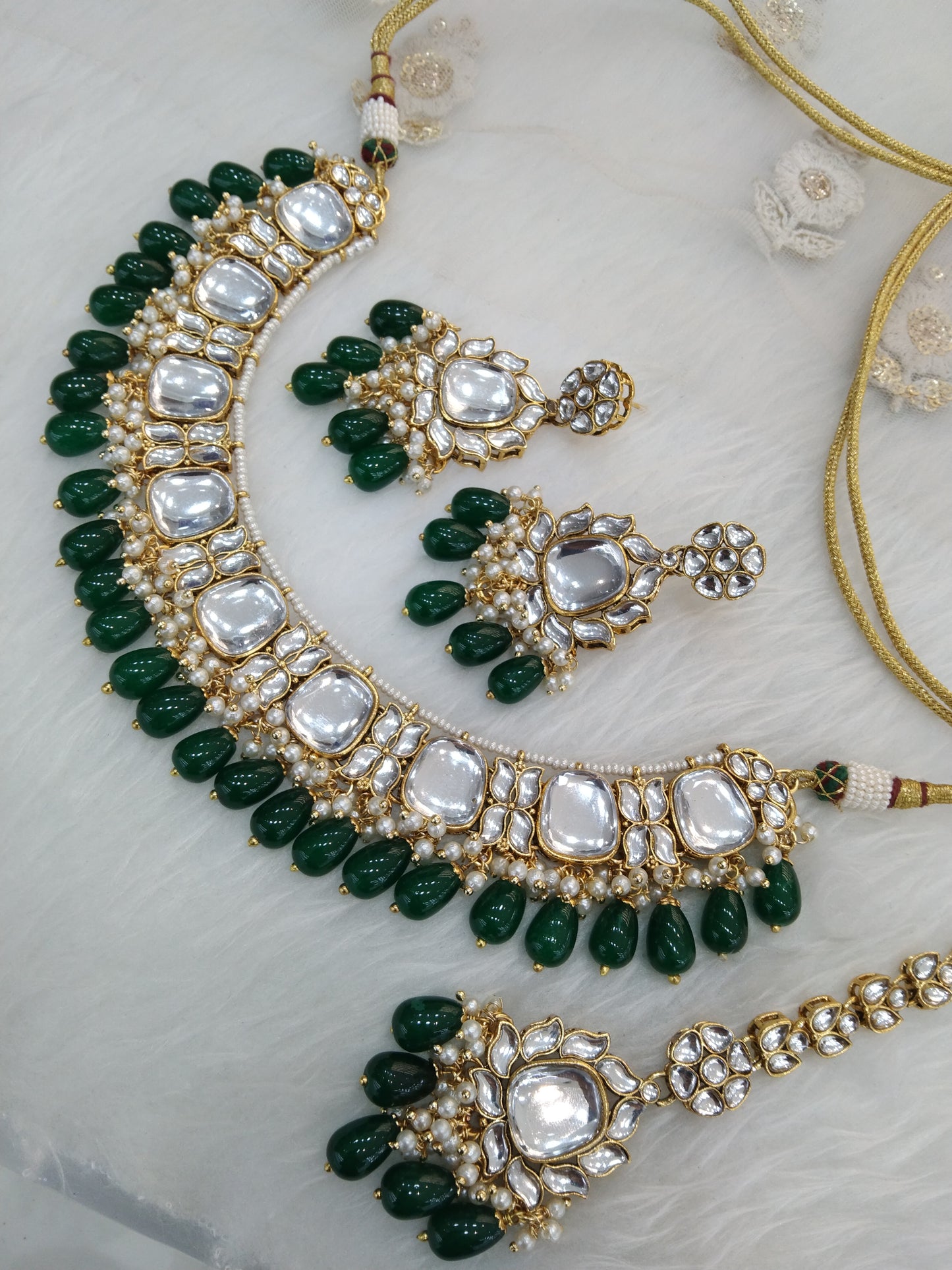 Indian Jewellery/ Gold Semi Bridal Kundan necklace Set Indian green jones Wedding Jewellery Necklace