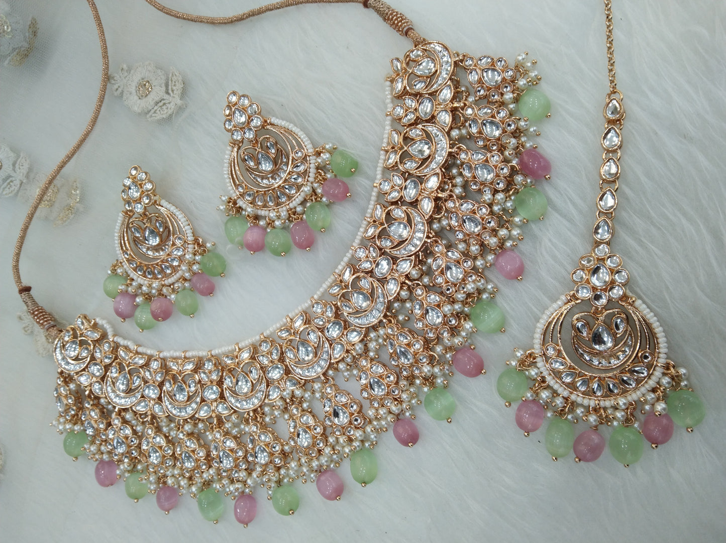 Indian Jewellery/ Gold Bridal mint pink Kundan necklace Set Indian Bridal Jewellery kaskade kundan Necklace set