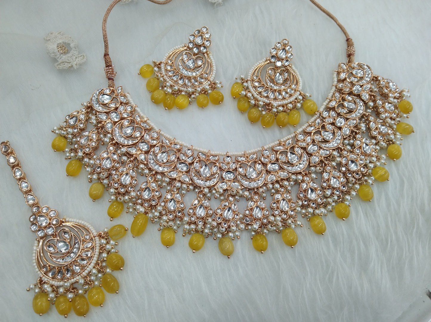 Yellow Kundan Jewellery Set/ Gold Bridal Kundan necklace Set Indian yellow Bridal Jewellery kaskade kundan Necklace set