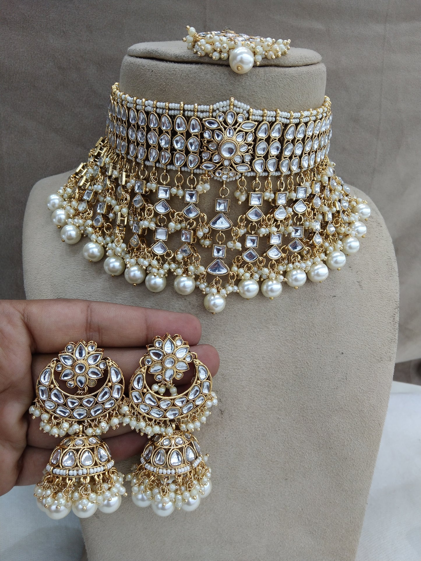 kundan Choker Set Earrings Set/Gold white choker set Indian Jewelry kura Set