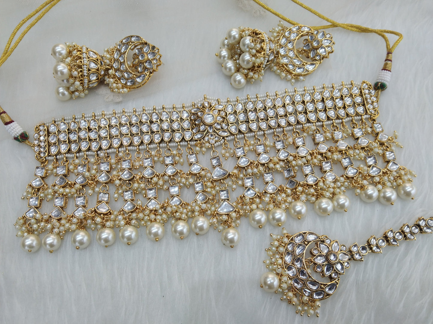 kundan Choker Set Earrings Set/Gold white choker set Indian Jewelry kura Set