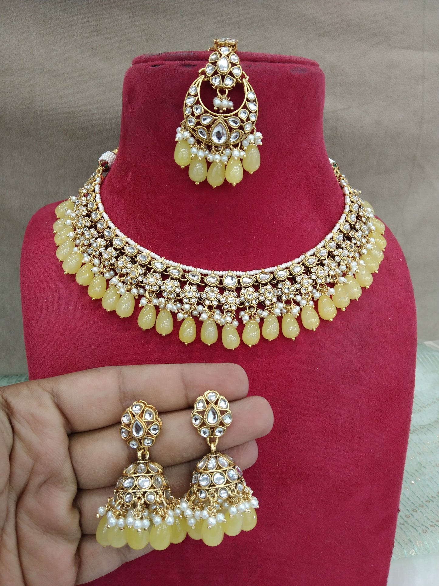 Indian Jewellery/ Gold yellow Semi Bridal Kundan necklace Set Indian Peggy Wedding Jewellery