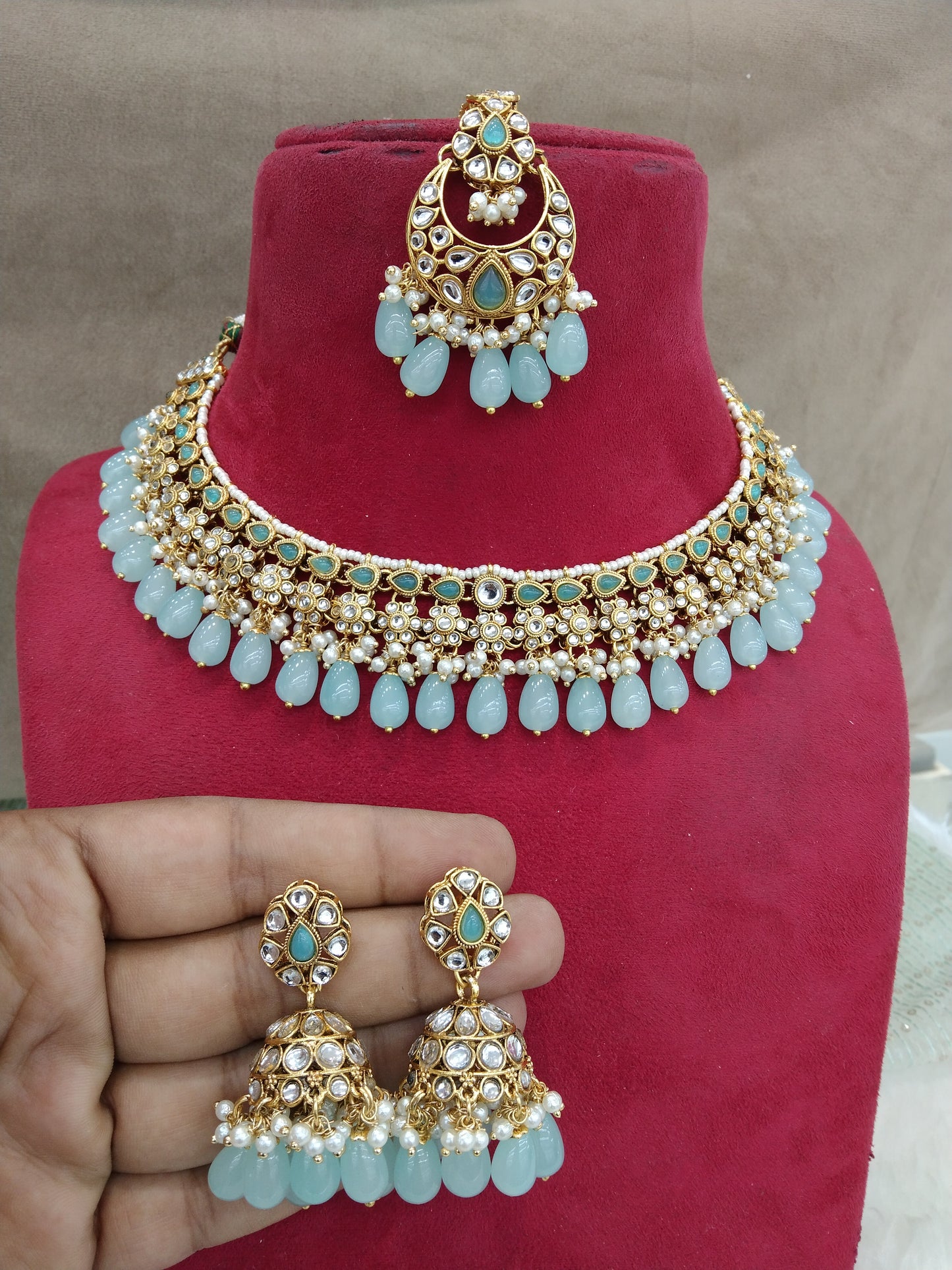 Indian Jewellery/ Gold sea green Semi Bridal Kundan necklace Set Indian Peggy Wedding Jewellery