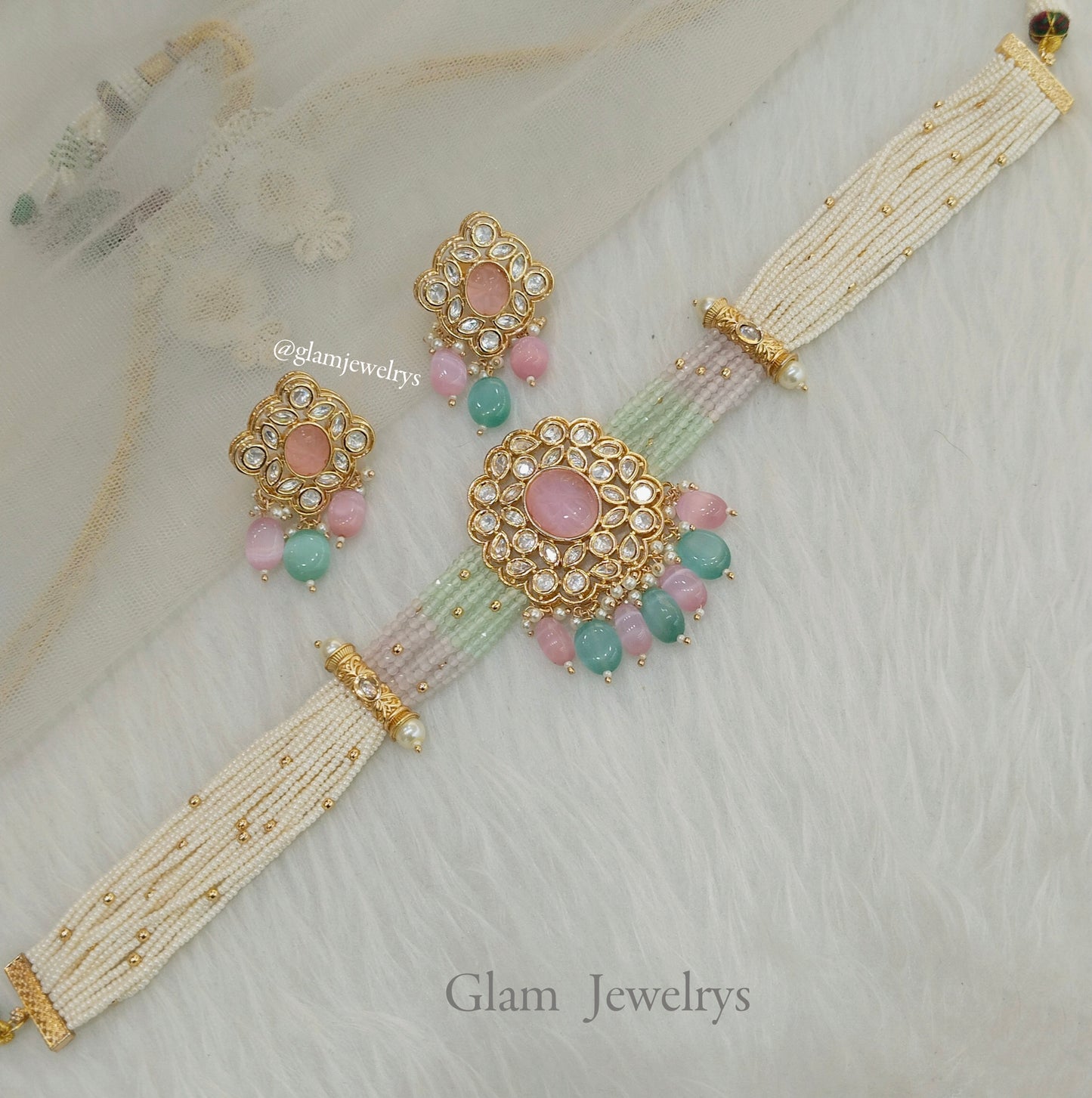 Indian Jewellery/Bridal Gold jadau sea green pink nimy Kundan choker Set/Indian Wedding Kundan choker Jewellery nimy choker