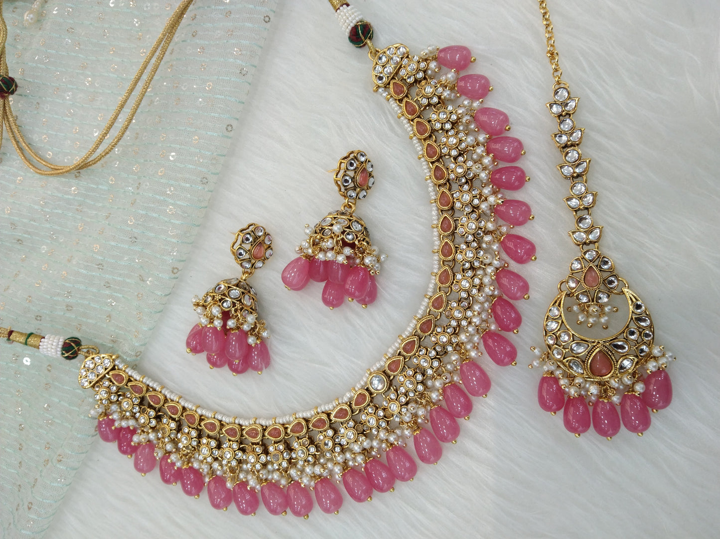 Indian Jewellery/ Gold dark pink Semi Bridal Kundan necklace Set Indian Peggy Wedding Jewellery
