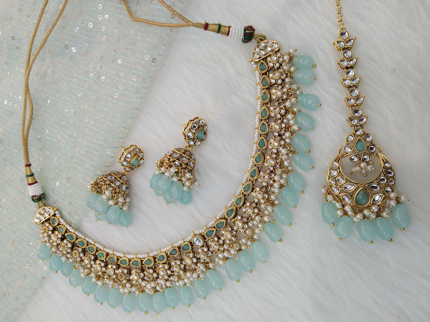 Indian Jewellery/ Gold sea green Semi Bridal Kundan necklace Set Indian Peggy Wedding Jewellery