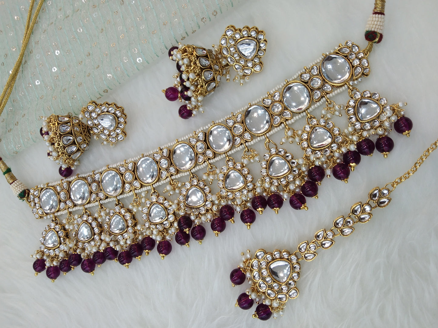 Indian jewellery Gold finish Purple kundan Choker Set Earrings Set/Gold Indian Teho Jewellery