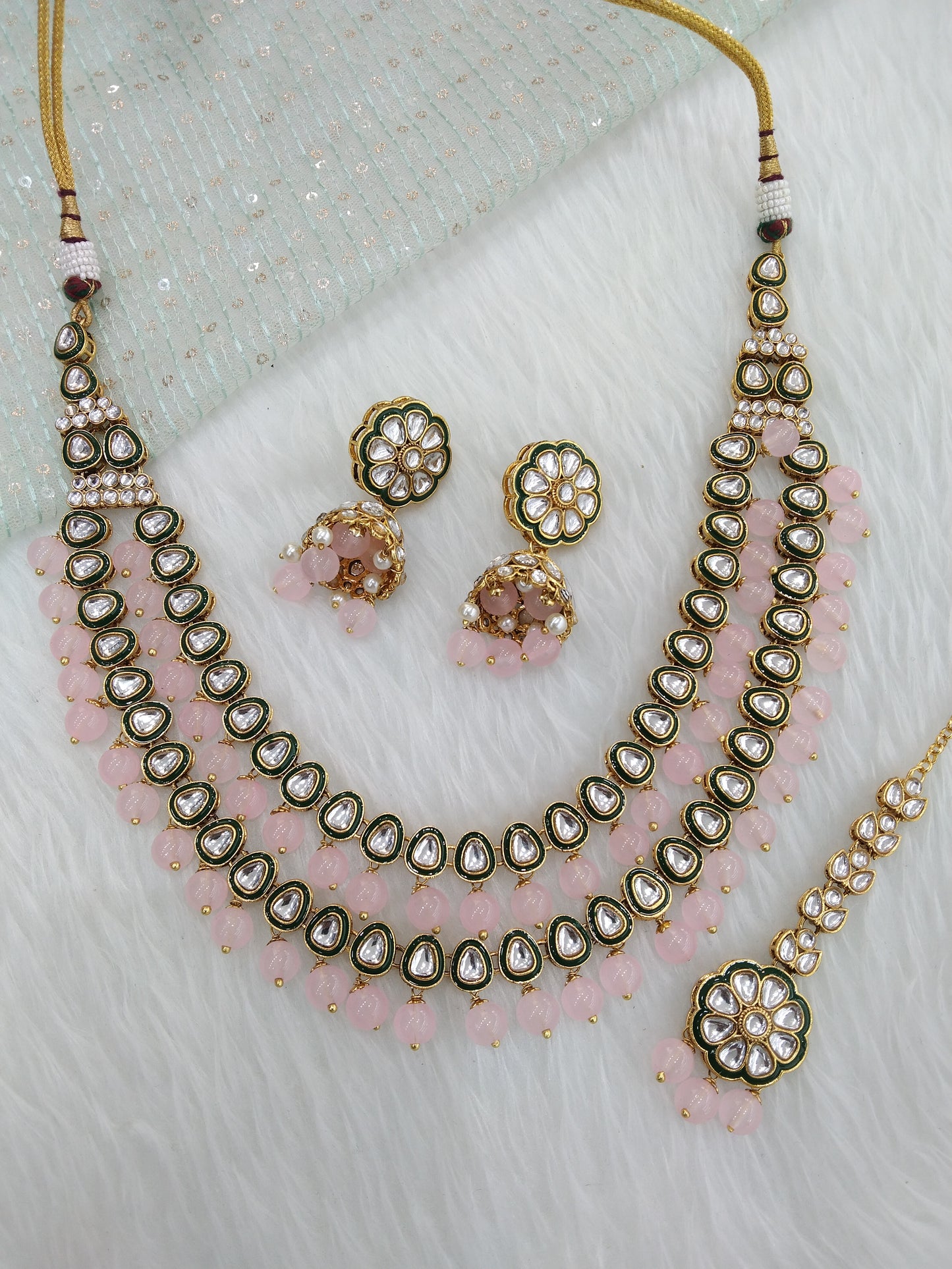 Indian Jewellery ,Pink Kundan Layered necklace Set Indian Wedding Semi Bridal Ethnic Bridal tiles Necklace set