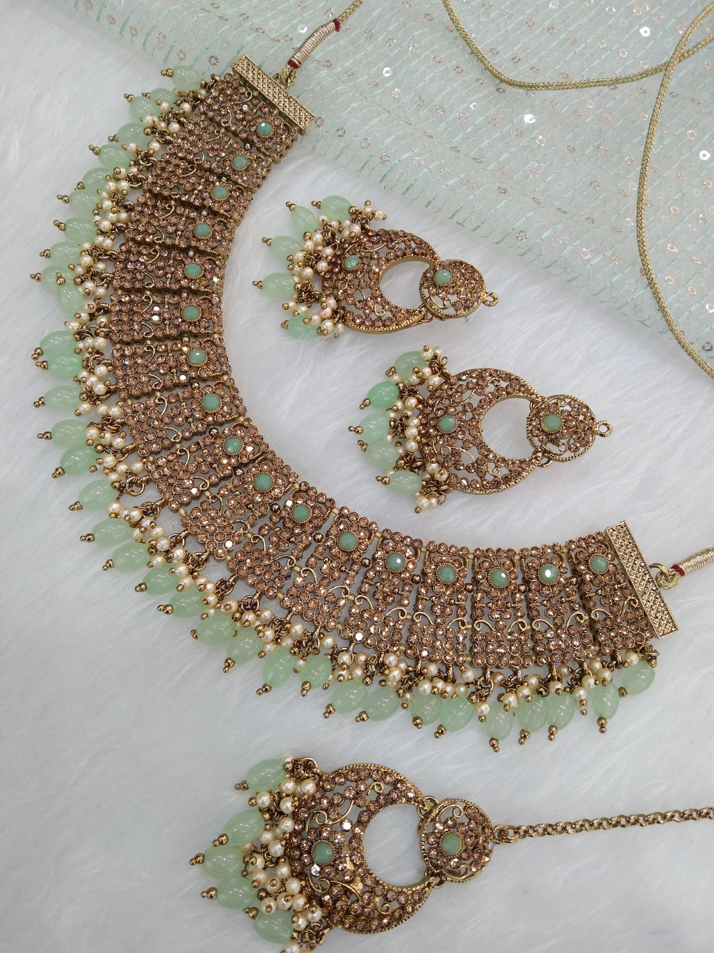 Indian Jewellery/Dark gold pastel green necklace Set/Bollywood Gold Indian Jewellery Set