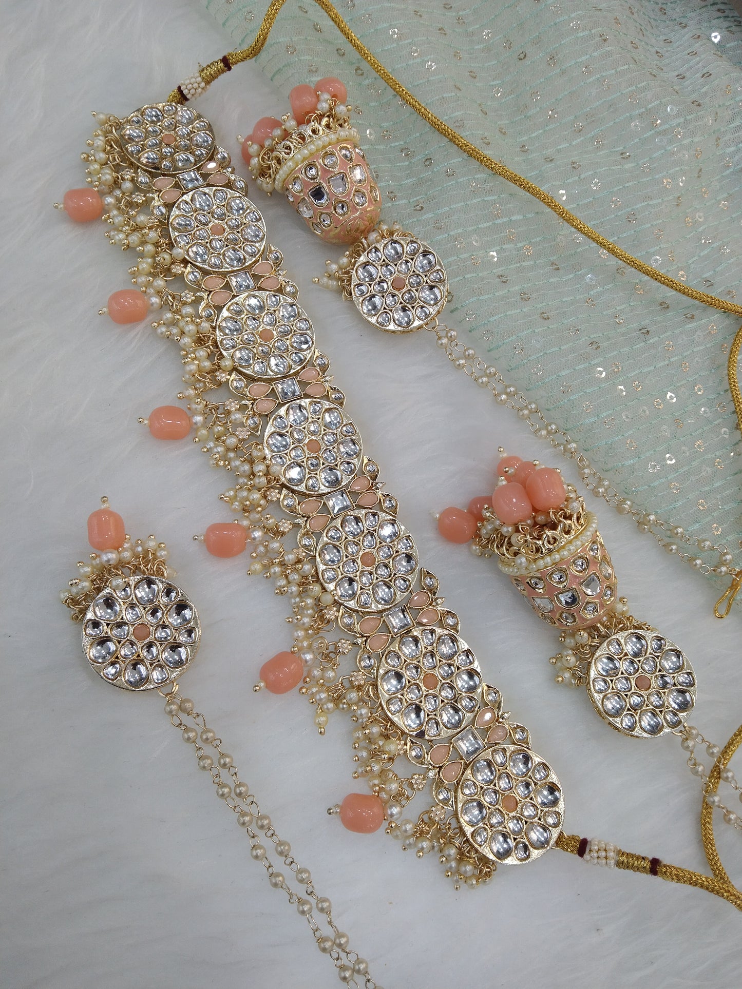 Indian Jewellery Gold Peach Kundan choker Set/ kundan choker Kundan yaroslavi Set