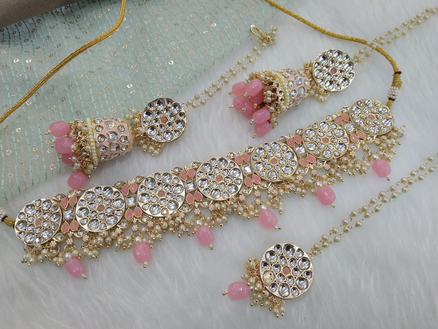 Indian Jewellery Gold Pink Kundan choker Set/ kundan choker Kundan yaroslavi Set