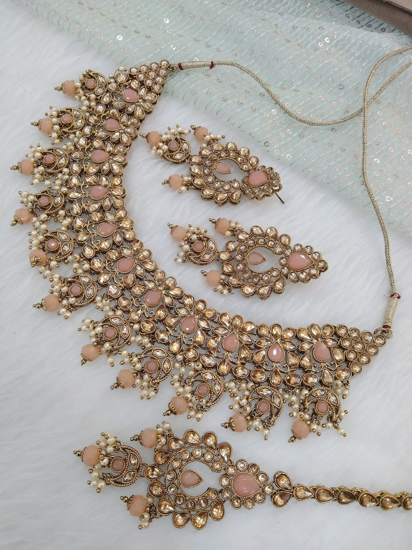 Indian Jewellery/Dark gold peach Bridal Kundan necklace Set hira Jewellery