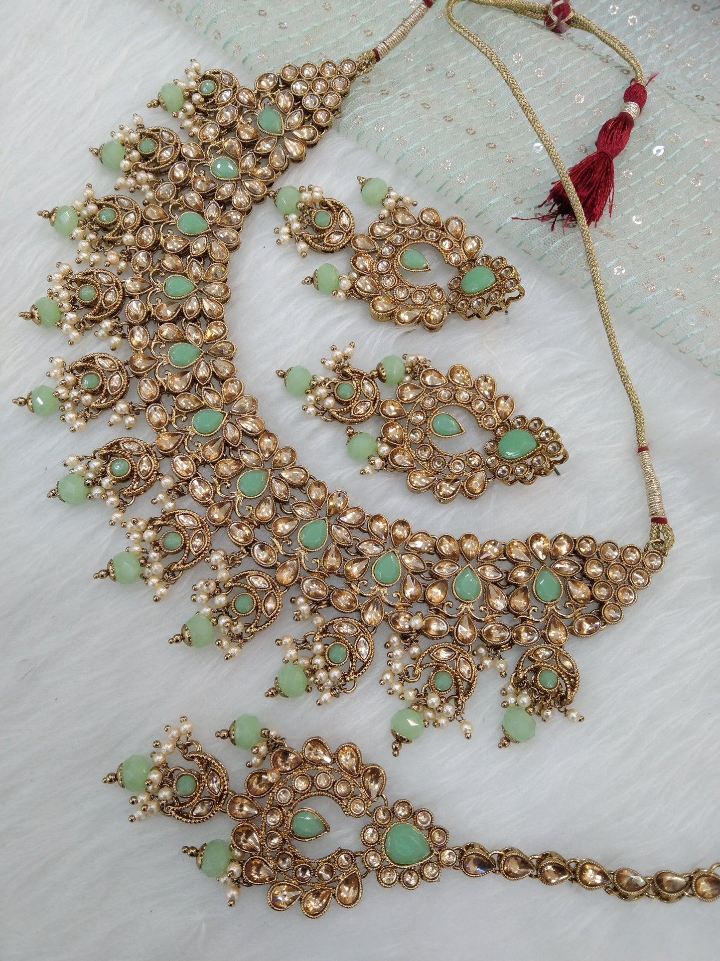 Indian Jewellery/Dark gold Pastel green Bridal Kundan necklace Set hira Jewellery