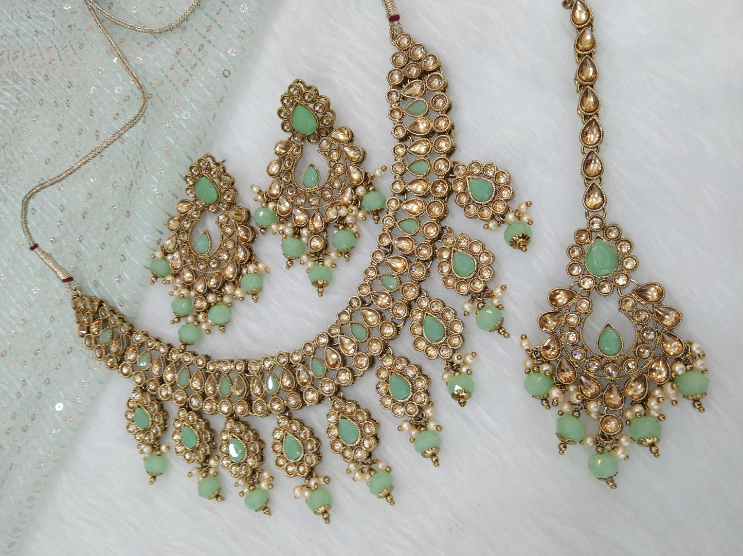Indian Jewellery Dark Gold Pastel Green Kundan Necklace Set/ kundan necklace hero Set