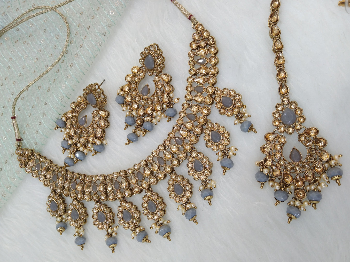 Indian Jewellery Dark Gold Grey Kundan Necklace Set/ kundan necklace hero Set