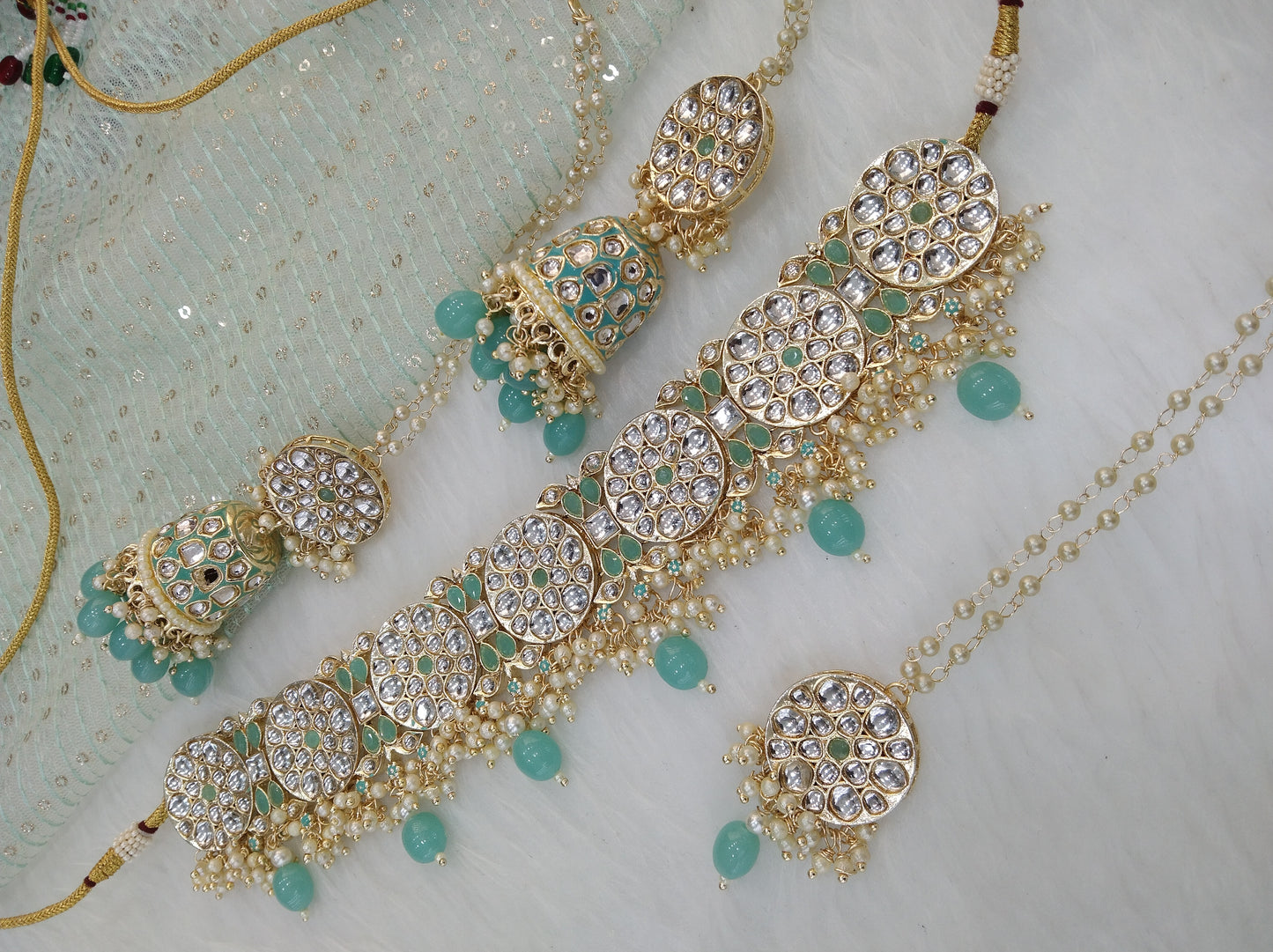 Indian Jewellery Gold Aqua Kundan Choker Set/ kundan choker Kundan yaroslavi Set