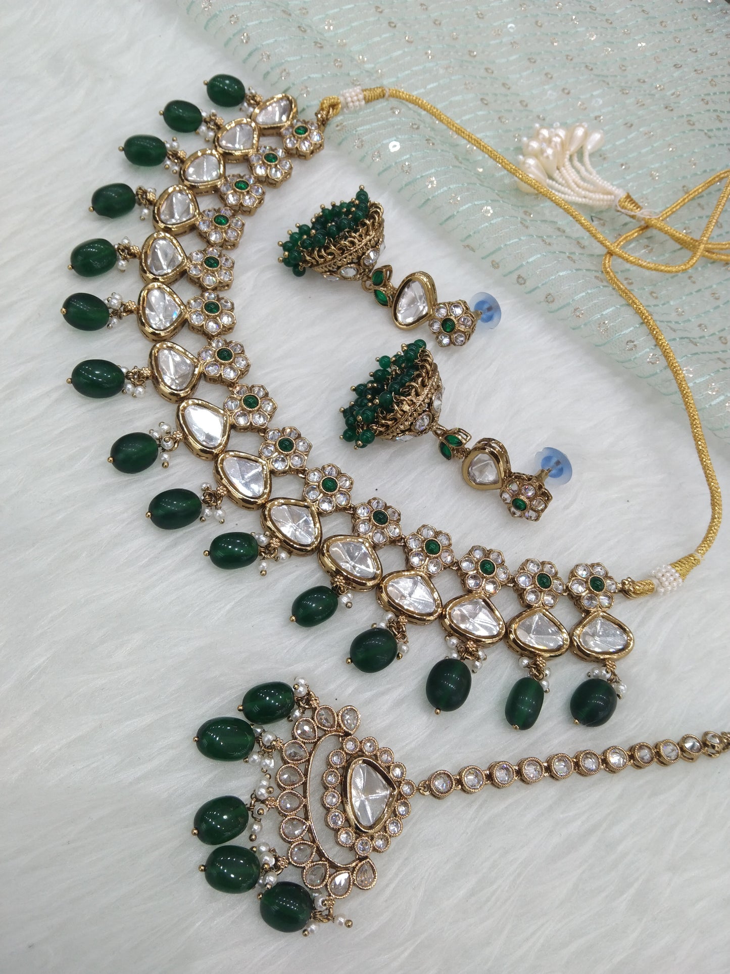 Kundan Necklace Jewellery Set/ Gold Green kundan Indian jewellery kundan meena sets