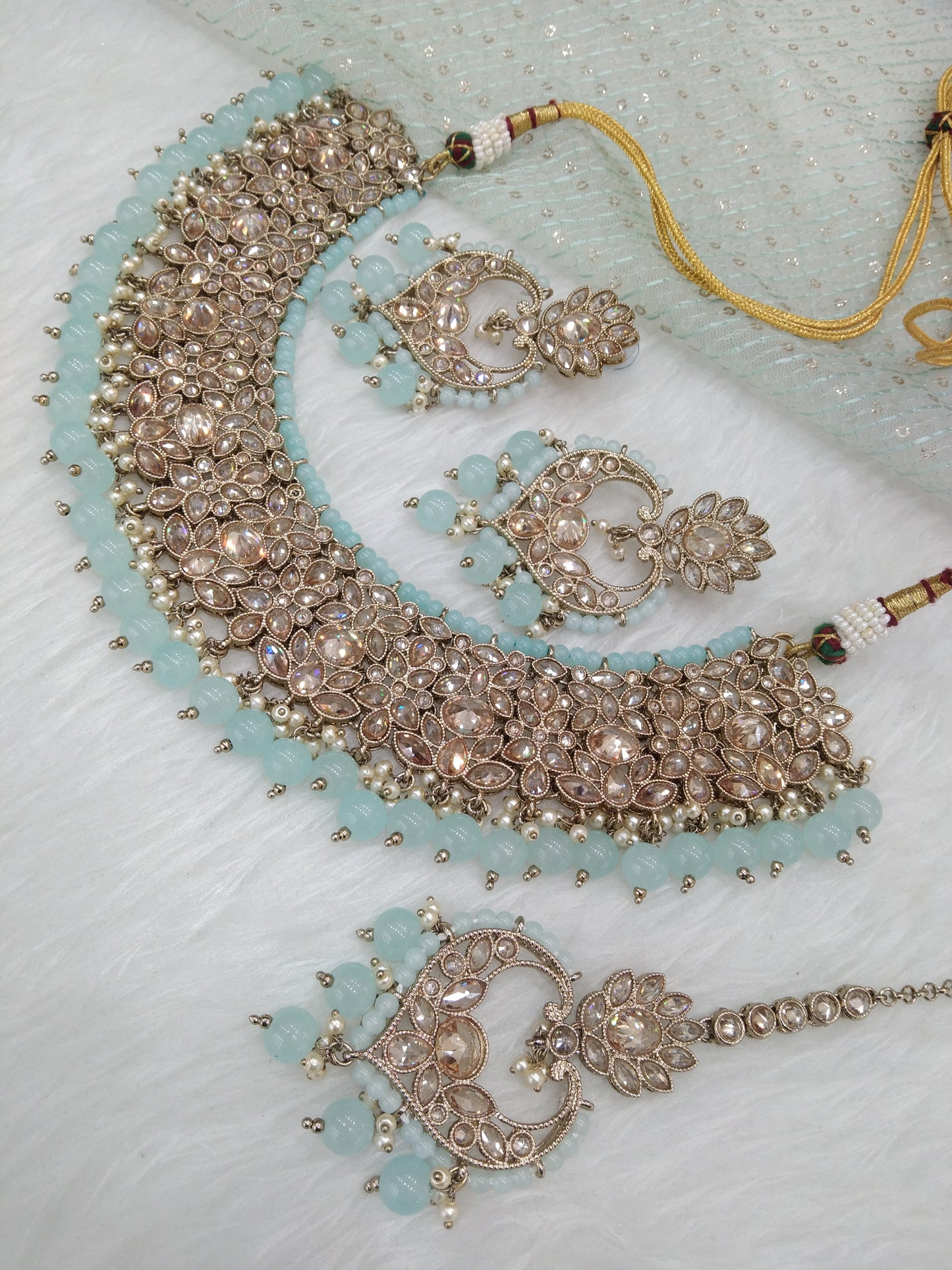 Indian Jewellery/Dark gold seagreen necklace Set/Bollywood Gold Indian Jewellery compton Set