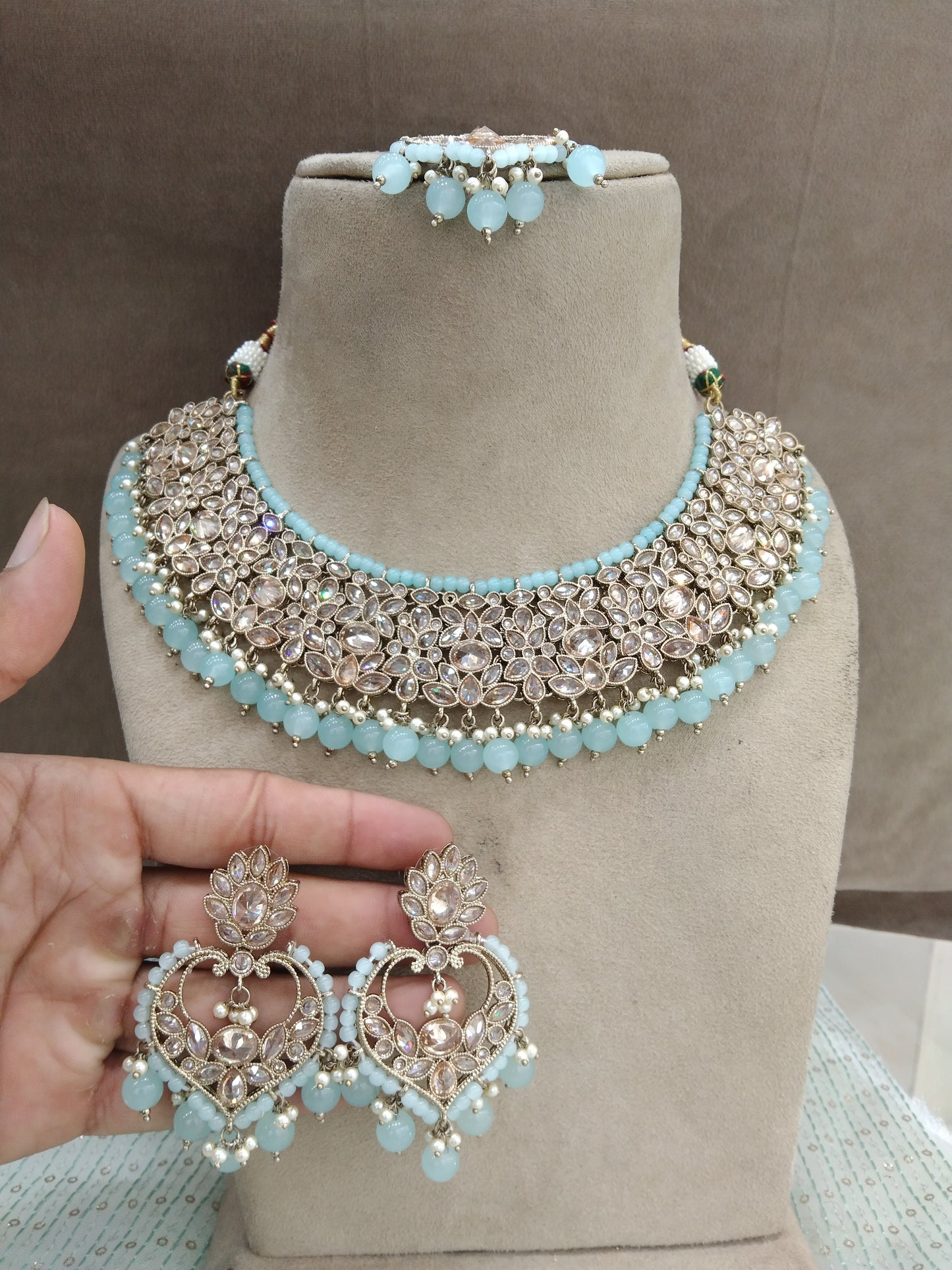 Indian Jewellery/Dark gold seagreen necklace Set/Bollywood Gold Indian Jewellery compton Set