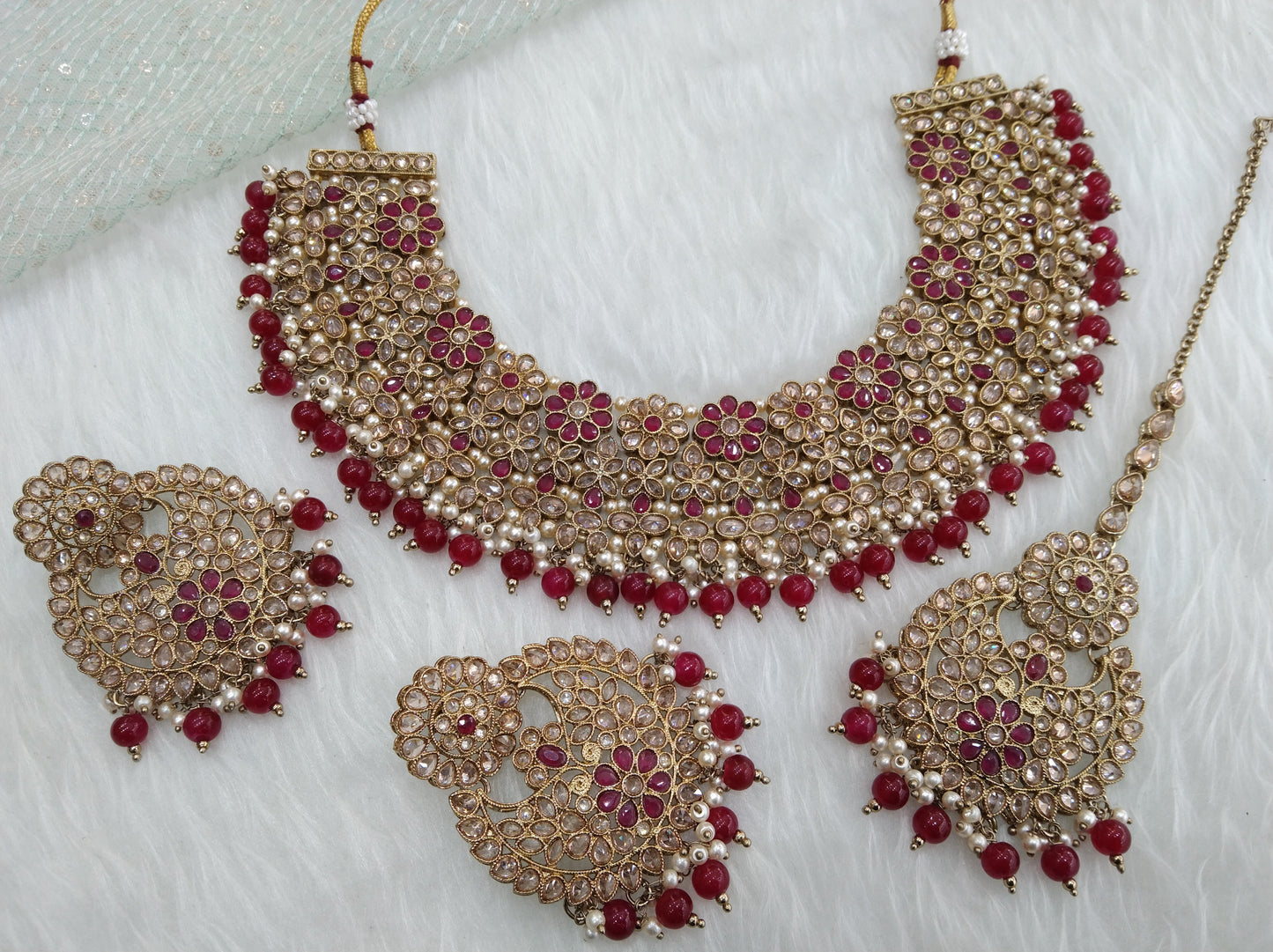 Indian Jewellery/Dark gold Ruby necklace county Set