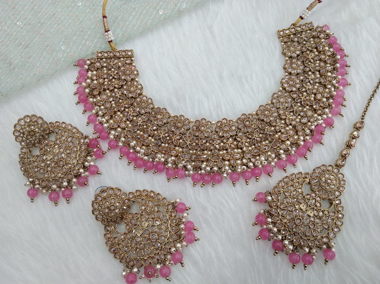 Gajri Pink Indian Jewelry Jewellery/Dark gold Gajjri necklace county Set